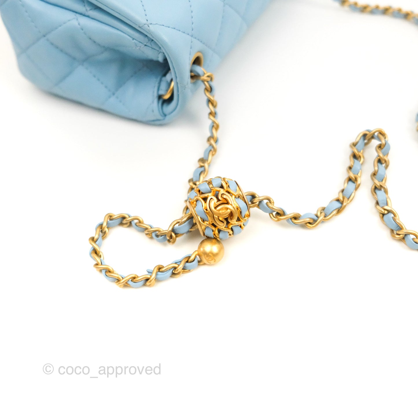 Chanel Mini Square Pearl Crush Light Blue Lambskin Aged Gold Hardware