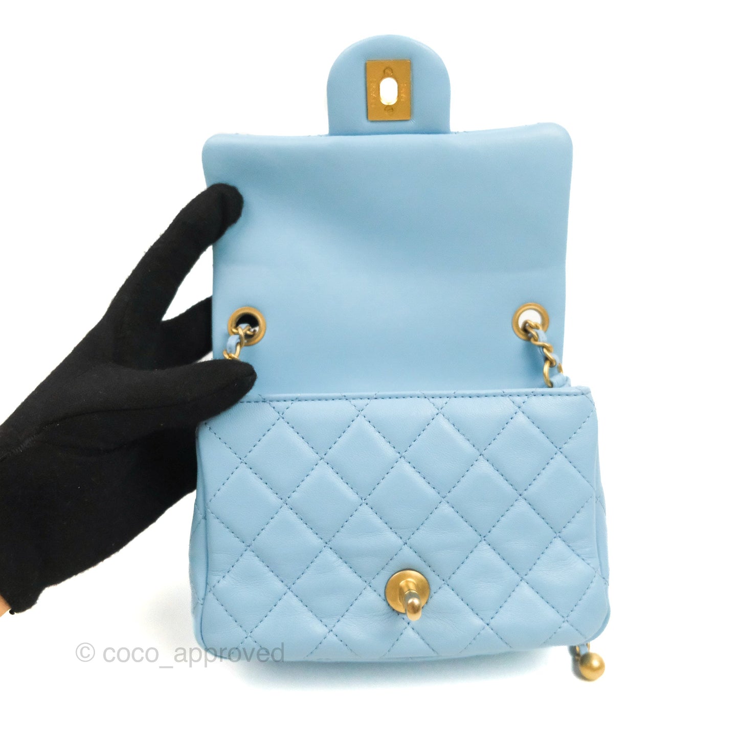 Chanel Mini Square Pearl Crush Light Blue Lambskin Aged Gold Hardware