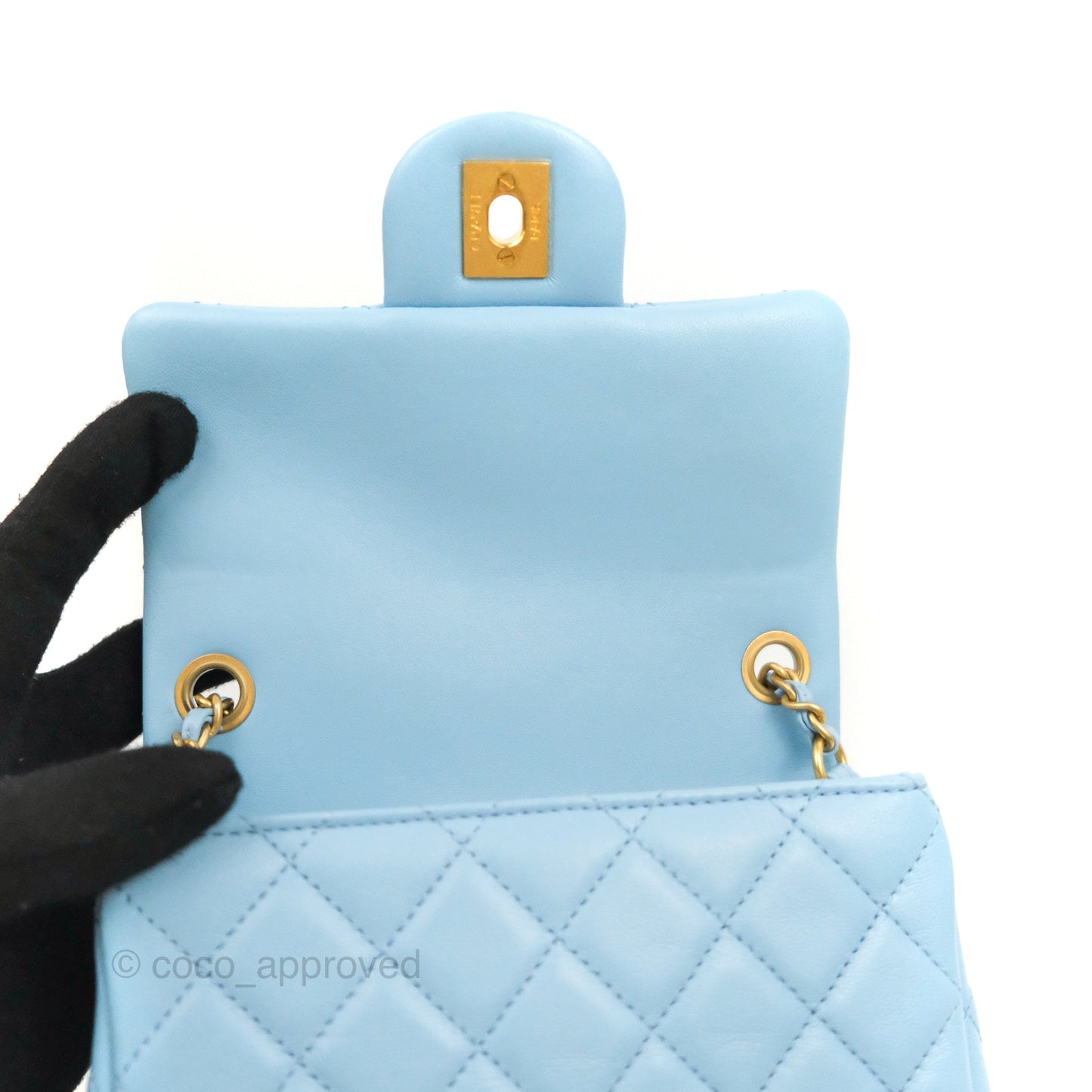 Chanel Mini Square Pearl Crush Light Blue Lambskin Aged Gold Hardware
