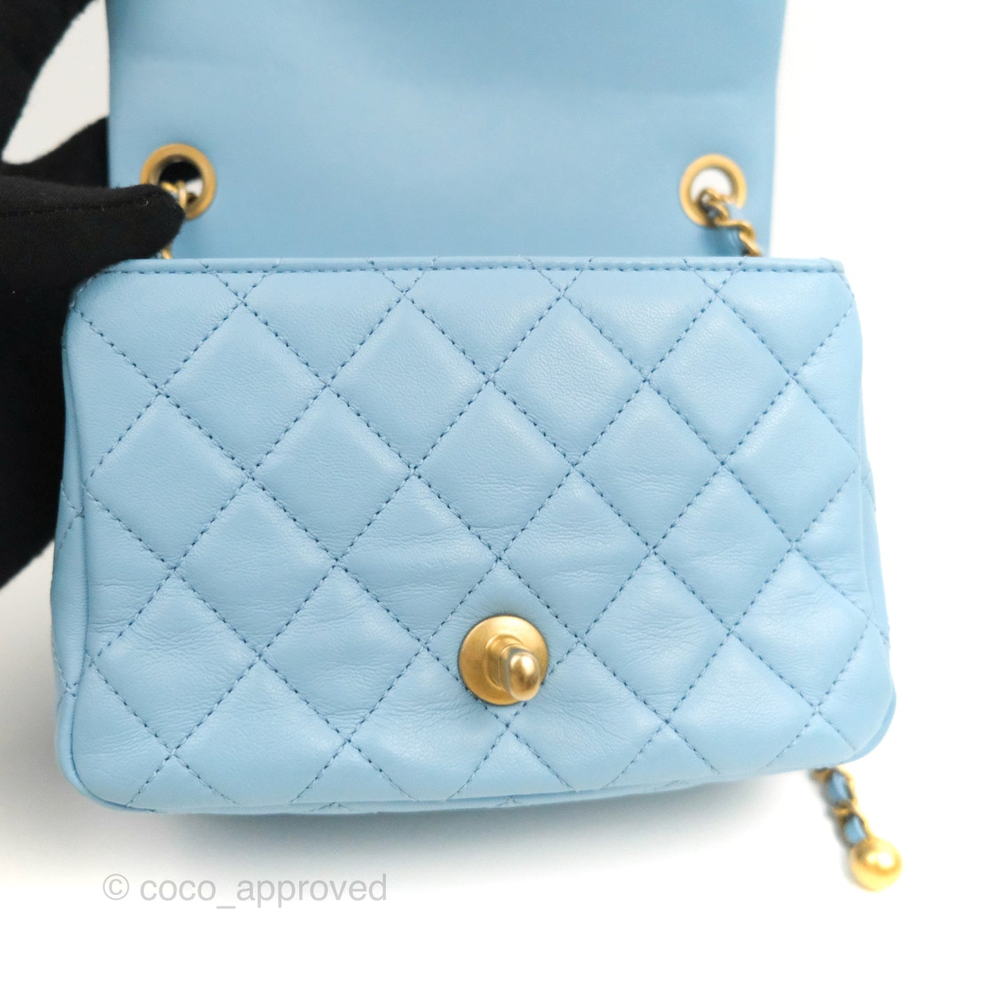 Chanel Mini Square Pearl Crush Light Blue Lambskin Aged Gold Hardware