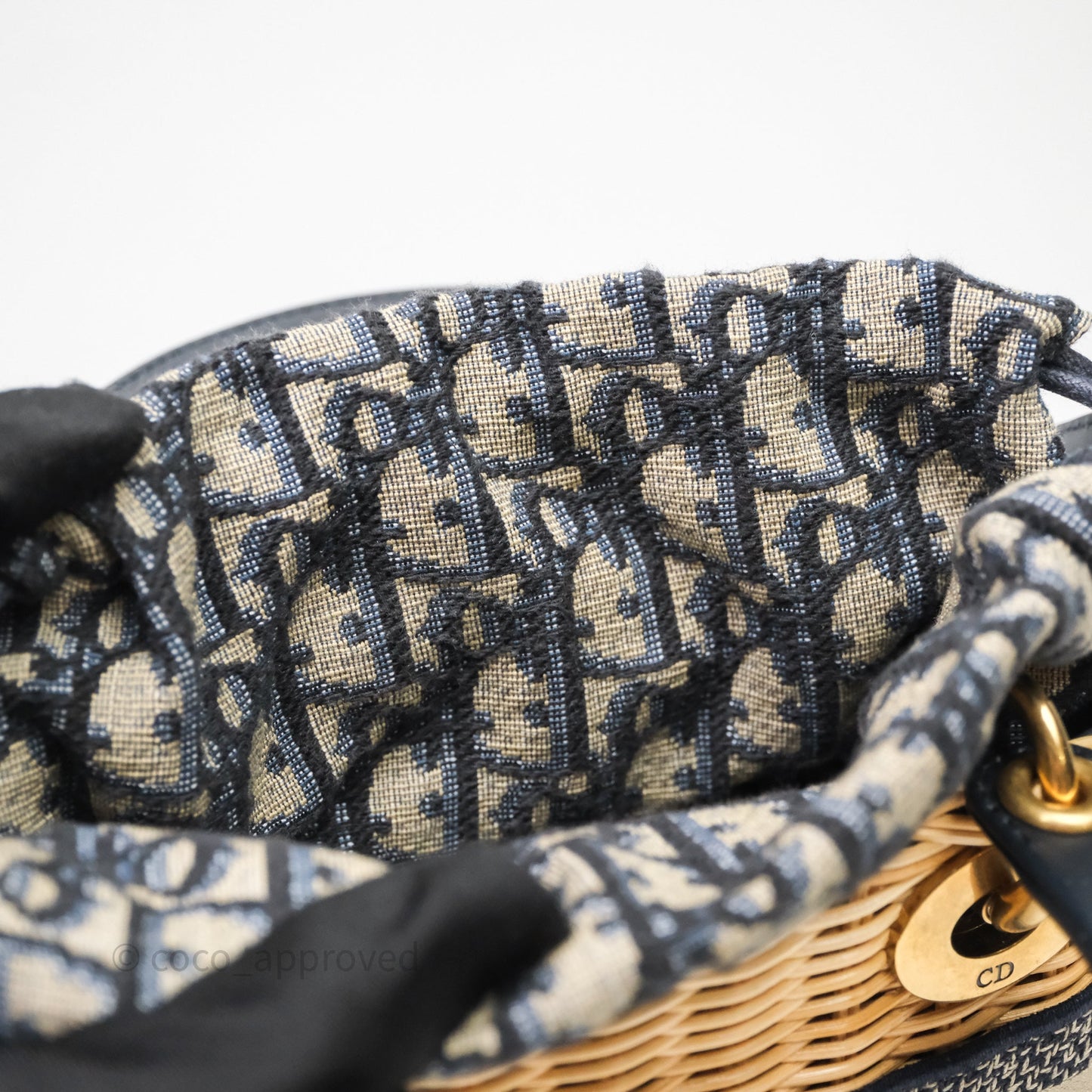 Christian Dior Small Lady Dior Natural Rattan and Blue Dior Oblique Jacquard
