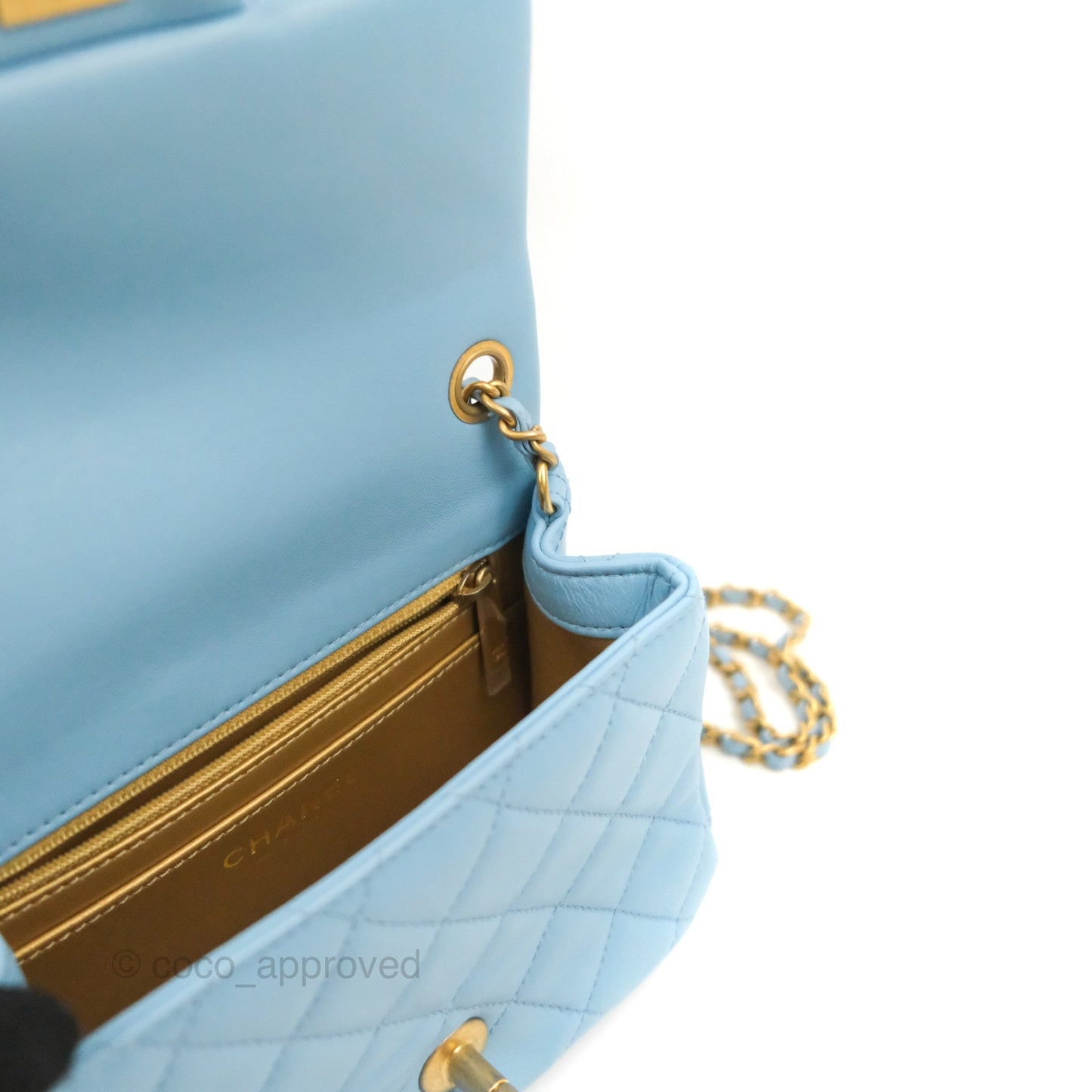 Chanel Mini Square Pearl Crush Light Blue Lambskin Aged Gold Hardware