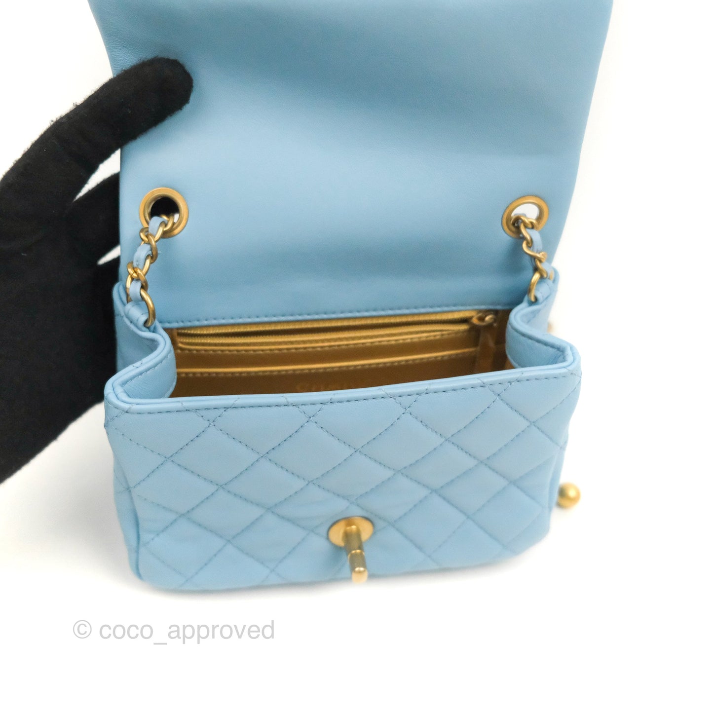 Chanel Mini Square Pearl Crush Light Blue Lambskin Aged Gold Hardware