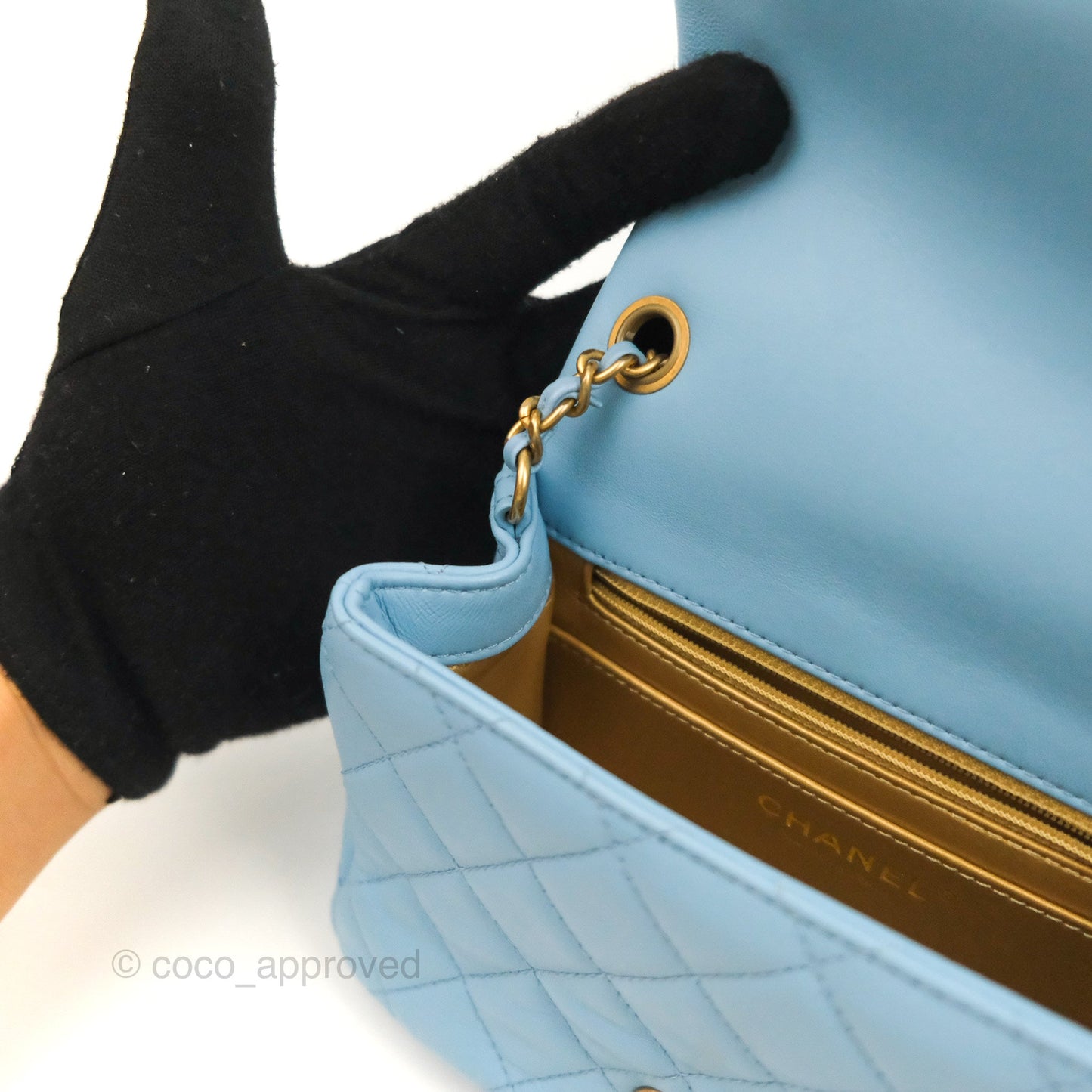 Chanel Mini Square Pearl Crush Light Blue Lambskin Aged Gold Hardware