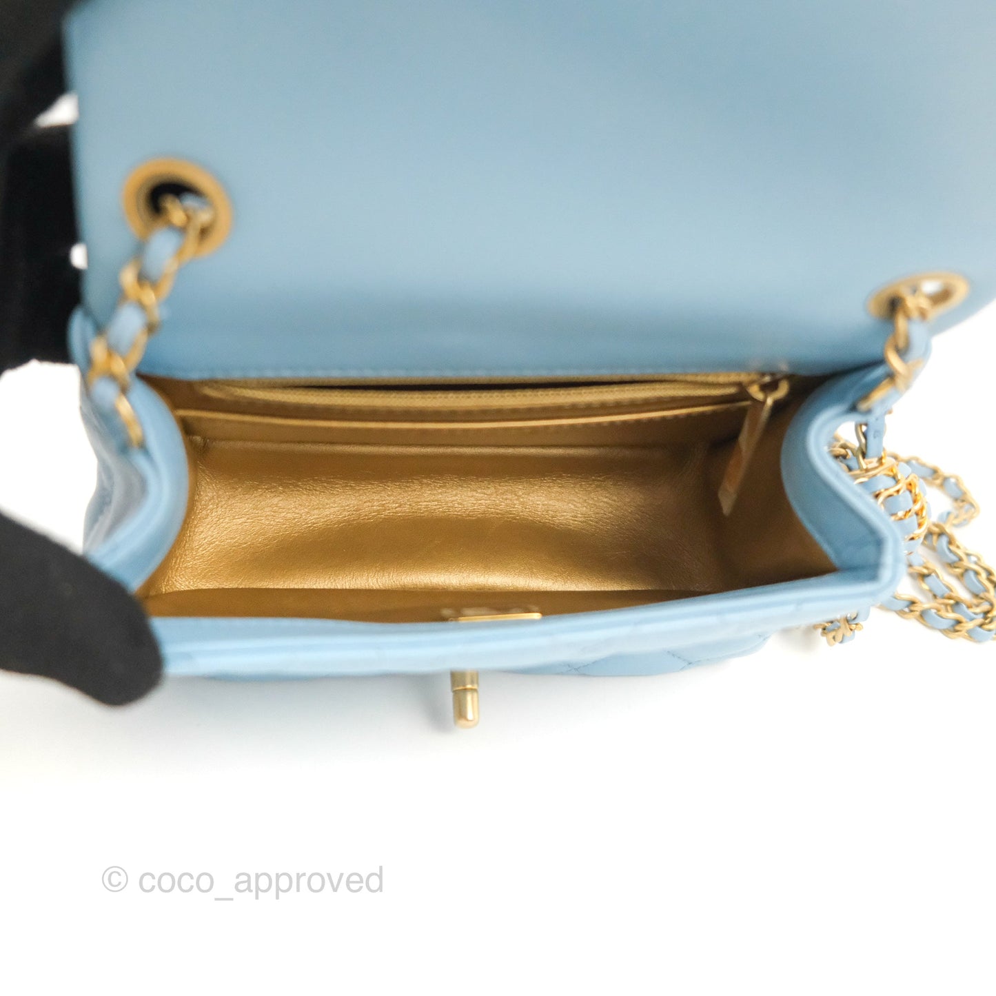 Chanel Mini Square Pearl Crush Light Blue Lambskin Aged Gold Hardware