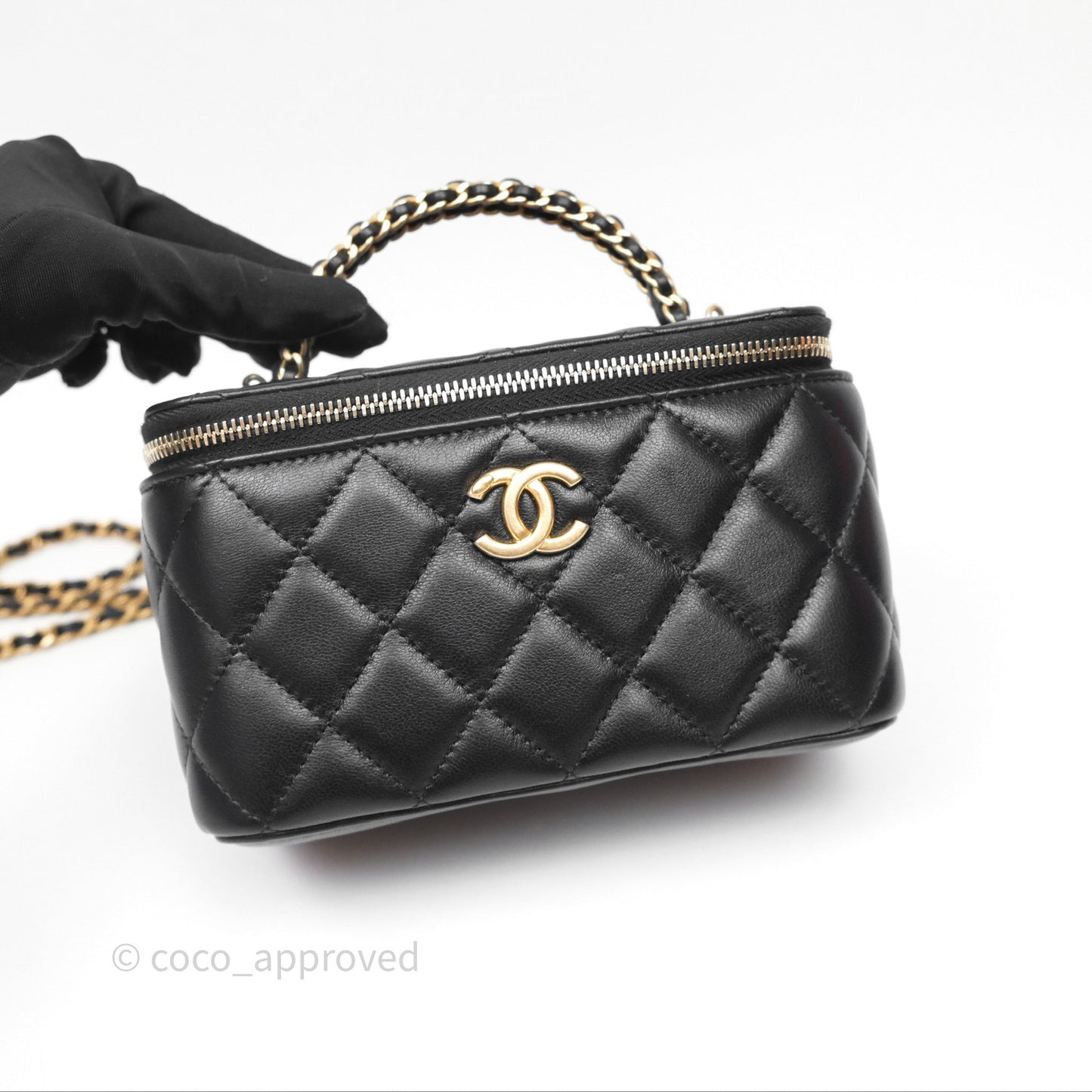 Chanel Vanity Rectangular Top Handle Black Lambskin Aged Gold Hardware
