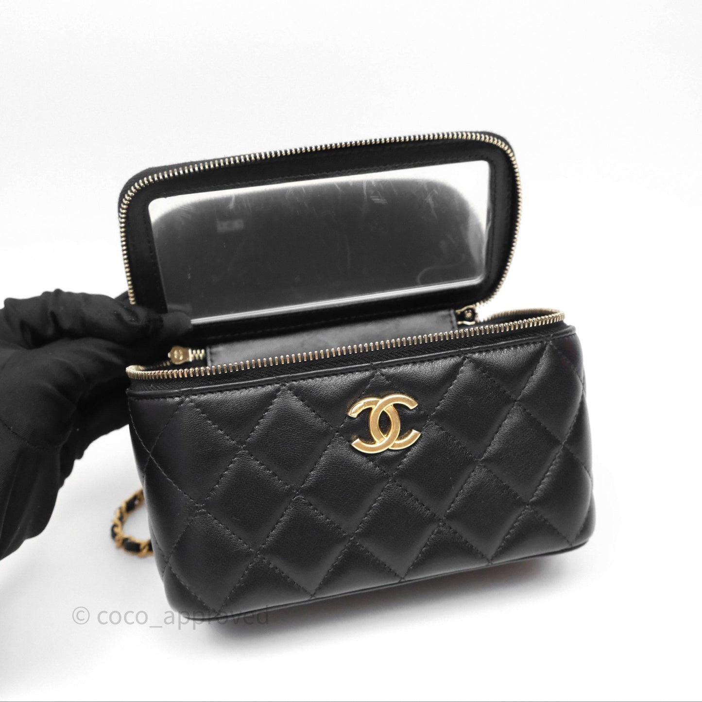 Chanel Vanity Rectangular Top Handle Black Lambskin Aged Gold Hardware