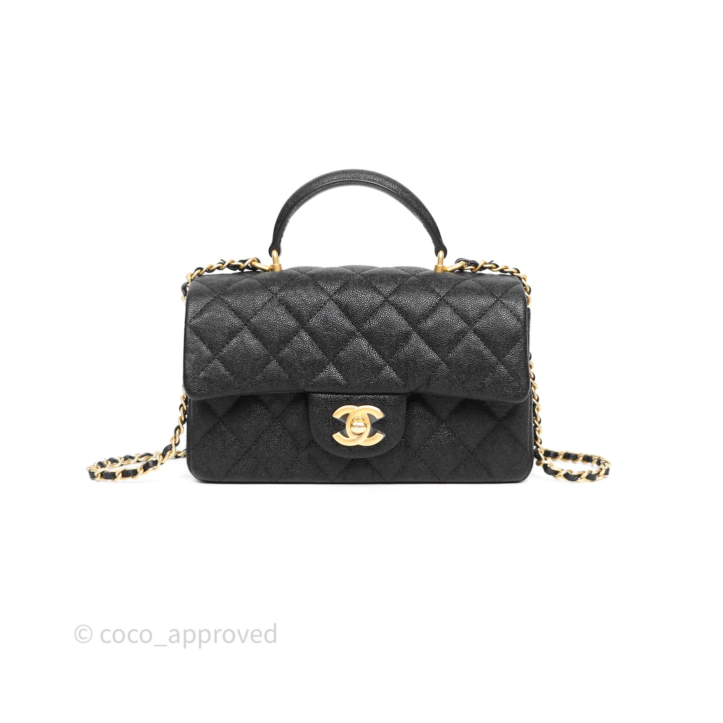 Chanel Top Handle Mini Rectangular Flap Bag Black Caviar Aged Gold Hardware