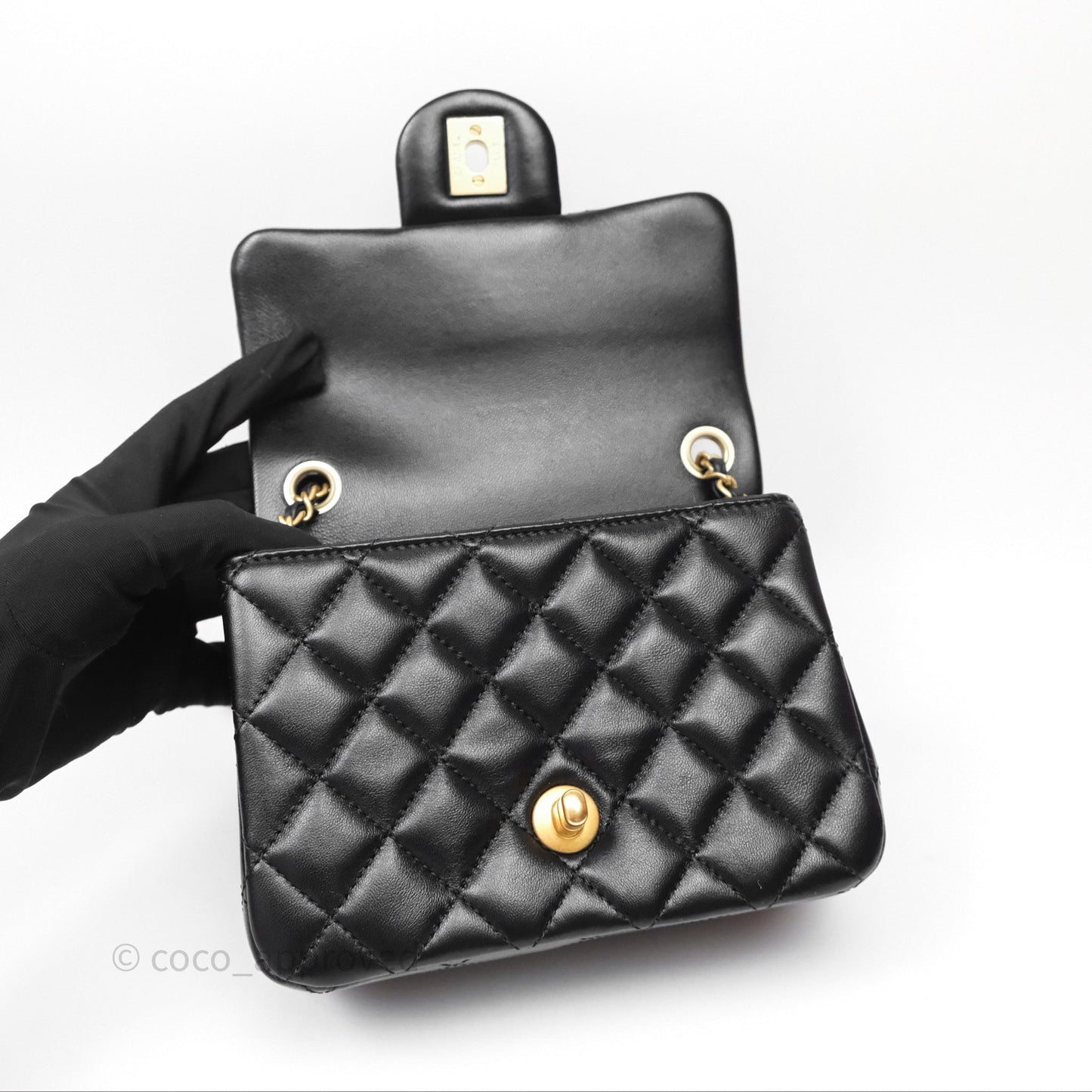 Chanel Pearl Crush Mini Square Quilted Black Lambskin Aged Gold Hardware