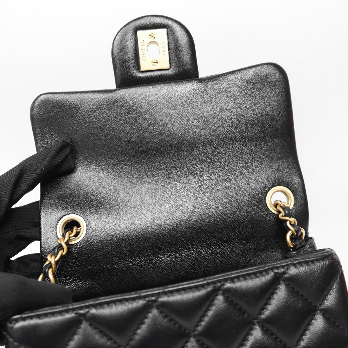 Chanel Pearl Crush Mini Square Quilted Black Lambskin Aged Gold Hardware