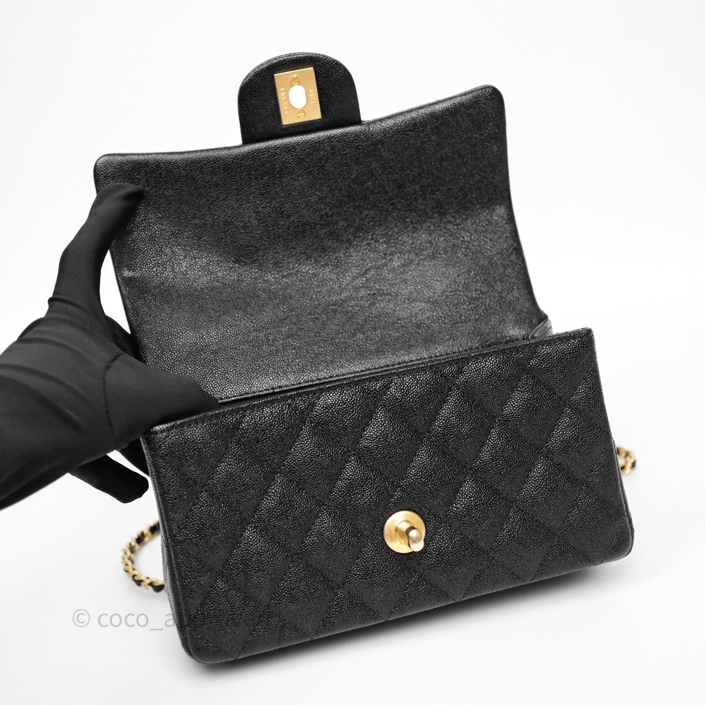 Chanel Top Handle Mini Rectangular Flap Bag Black Caviar Aged Gold Hardware
