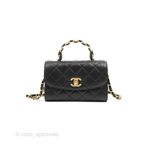 Chanel Mini Flap Bag with Top Handle Black Crumpled Lambskin Aged Gold Hardware