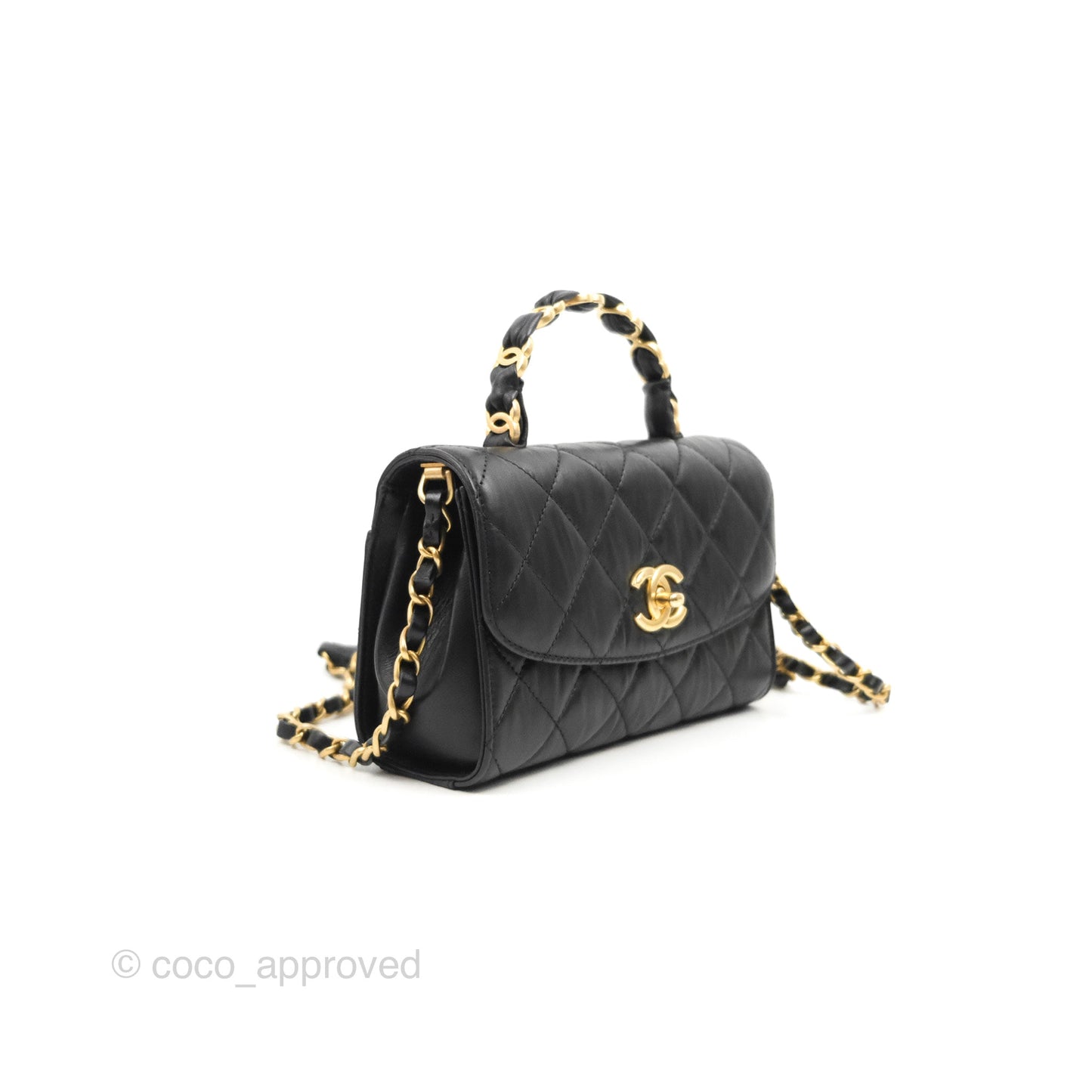 Chanel Mini Flap Bag with Top Handle Black Crumpled Lambskin Aged Gold Hardware