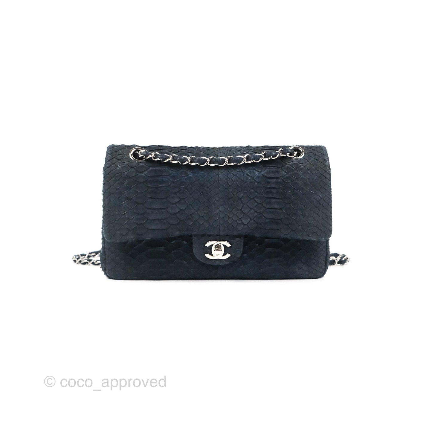 Chanel Classic M/L Medium Flap Navy Python Silver Hardware