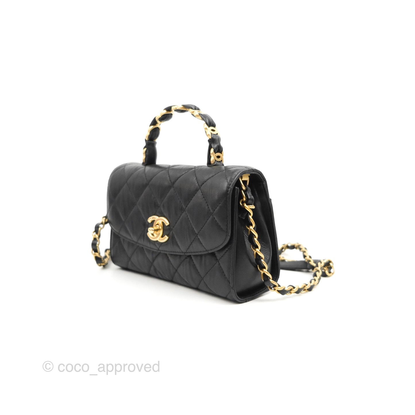 Chanel Mini Flap Bag with Top Handle Black Crumpled Lambskin Aged Gold Hardware