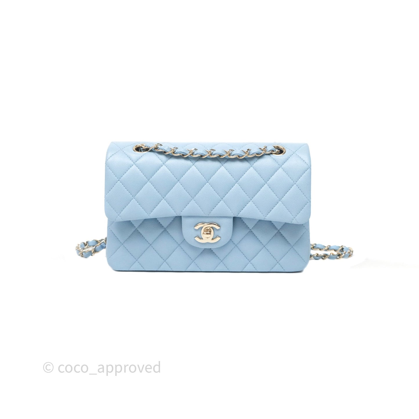 Chanel Small Classic Flap Quilted Blue Caviar Light Gold Hardware