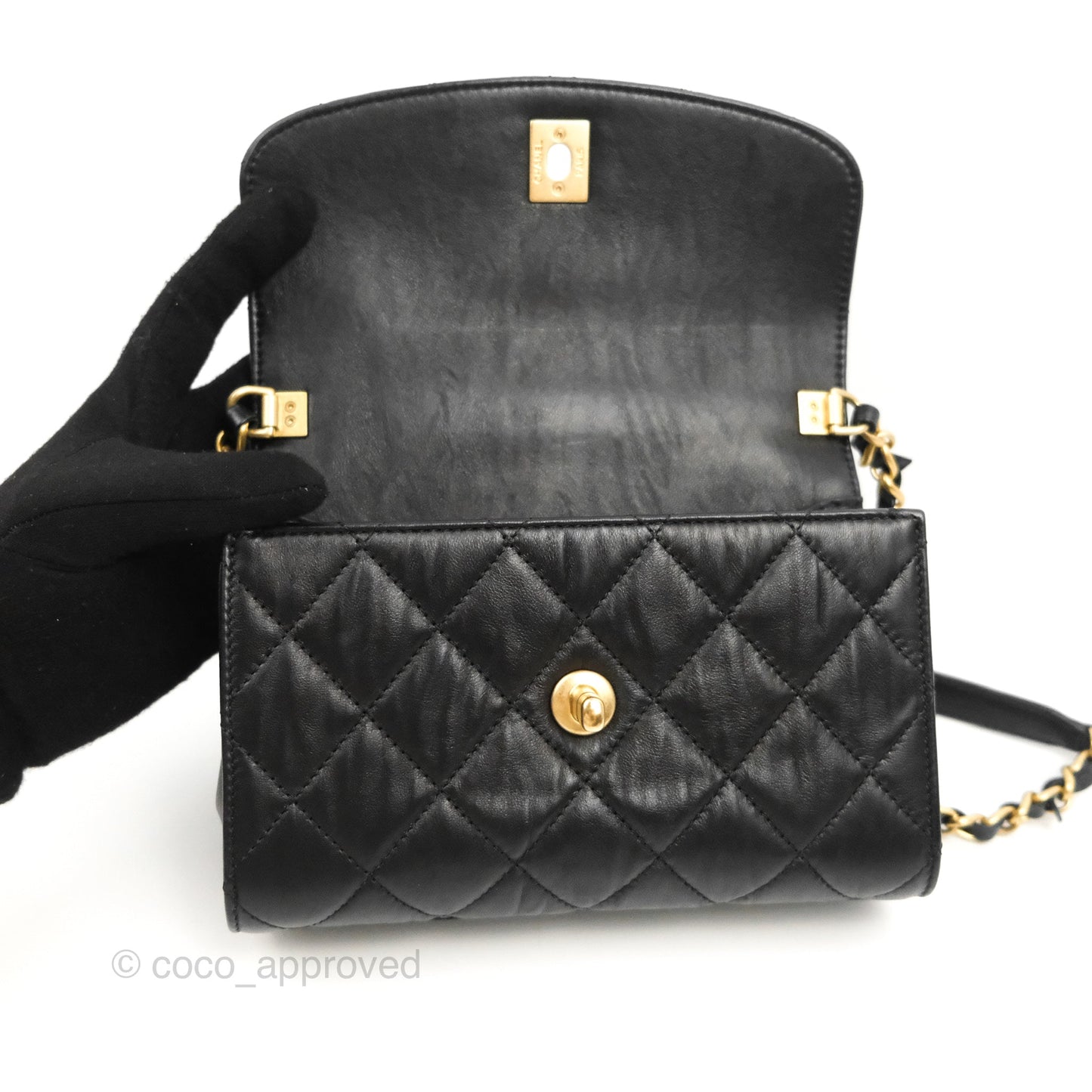 Chanel Mini Flap Bag with Top Handle Black Crumpled Lambskin Aged Gold Hardware