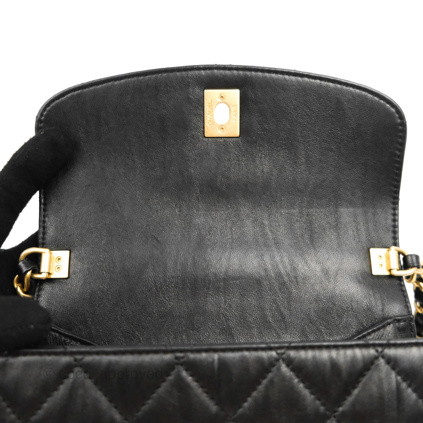 Chanel Mini Flap Bag with Top Handle Black Crumpled Lambskin Aged Gold Hardware