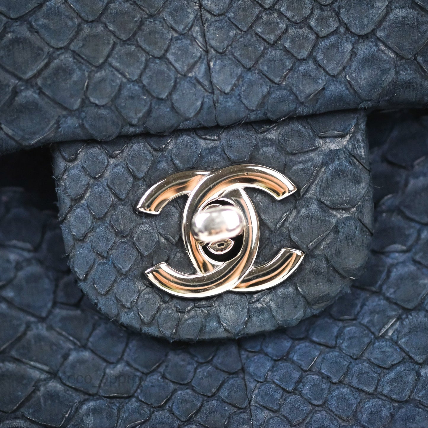 Chanel Classic M/L Medium Flap Navy Python Silver Hardware