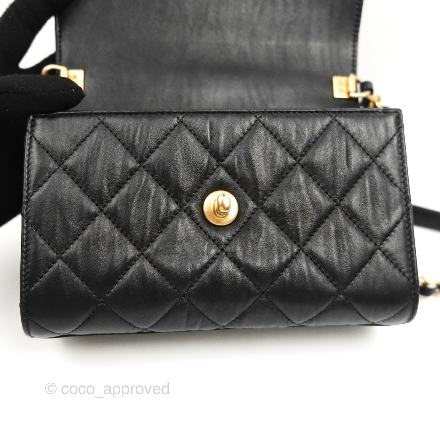 Chanel Mini Flap Bag with Top Handle Black Crumpled Lambskin Aged Gold Hardware