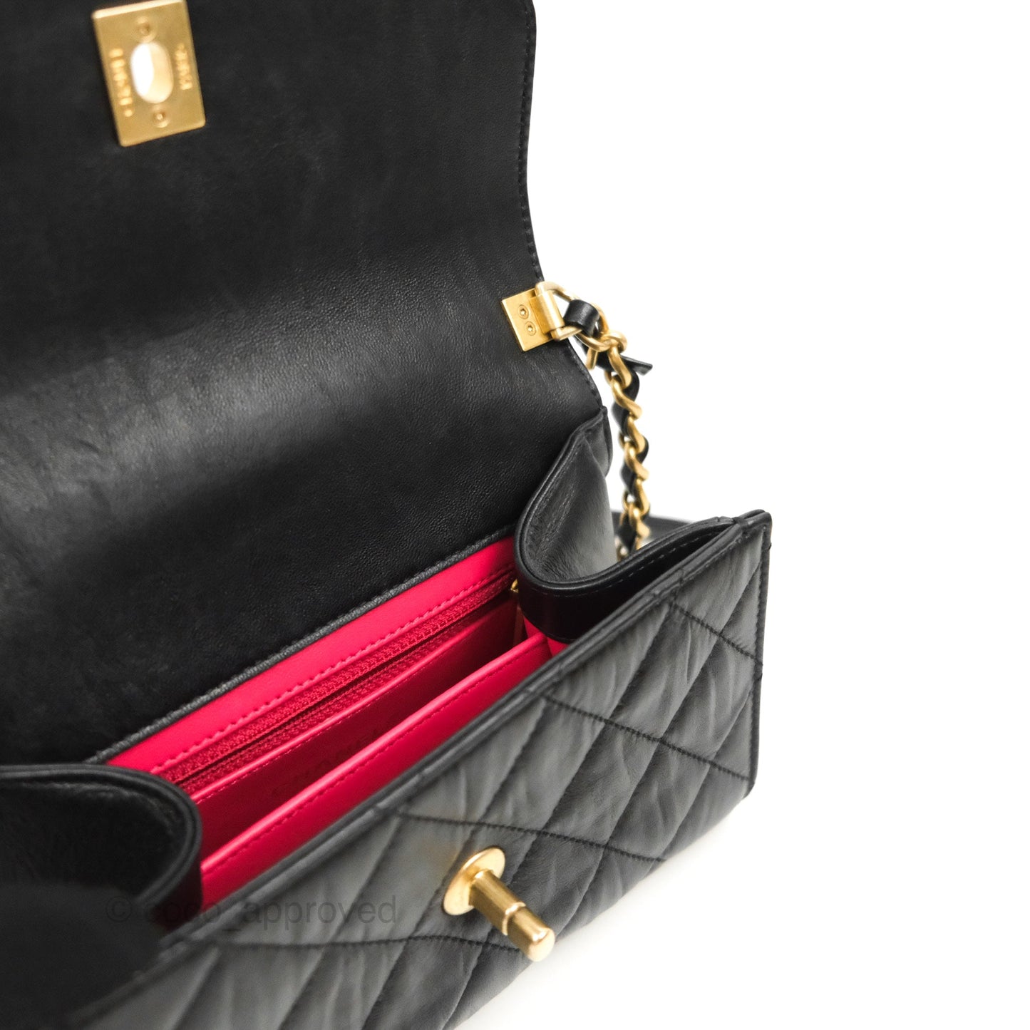 Chanel Mini Flap Bag with Top Handle Black Crumpled Lambskin Aged Gold Hardware