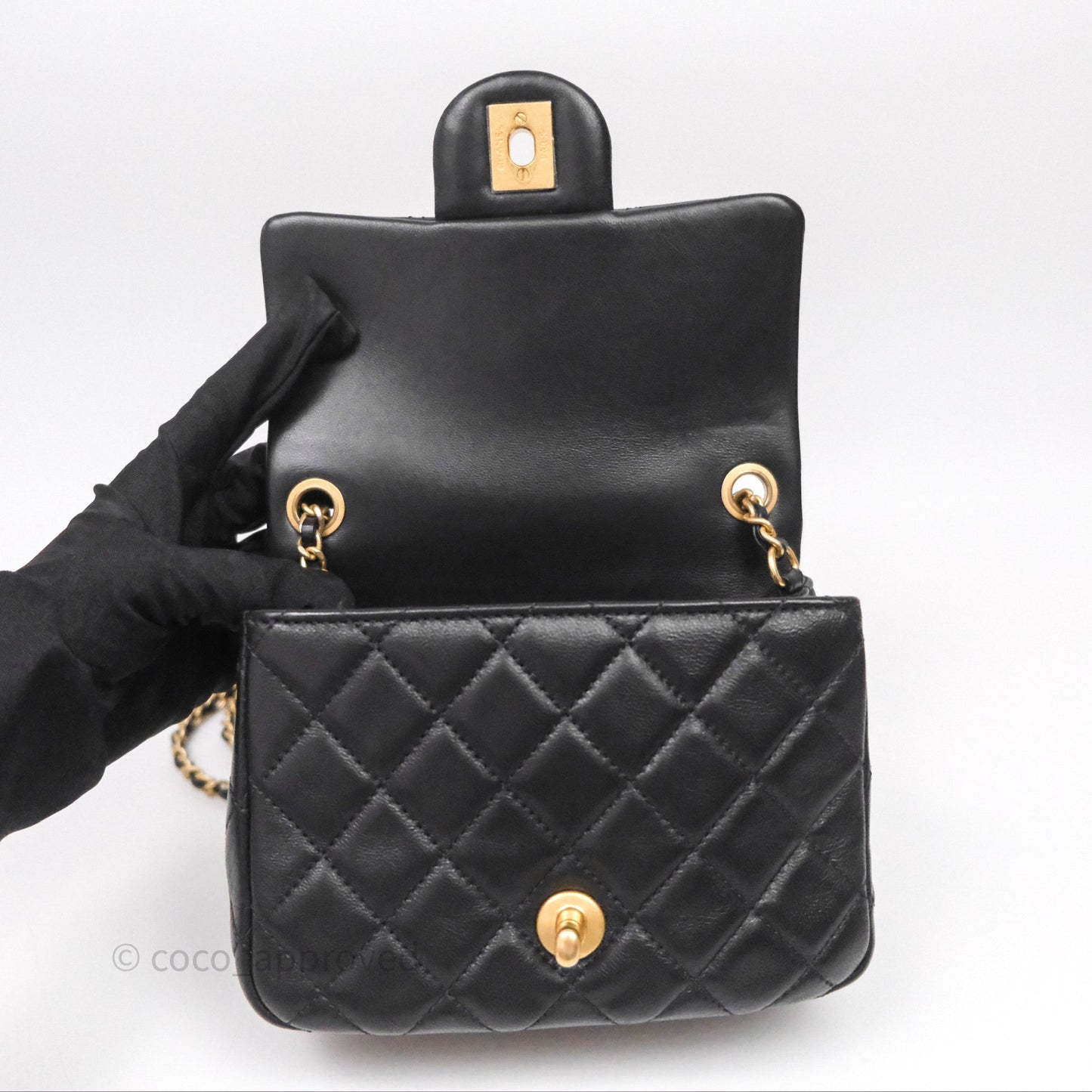 Chanel Pearl Crush Mini Square Quilted Black Lambskin Aged Gold Hardware