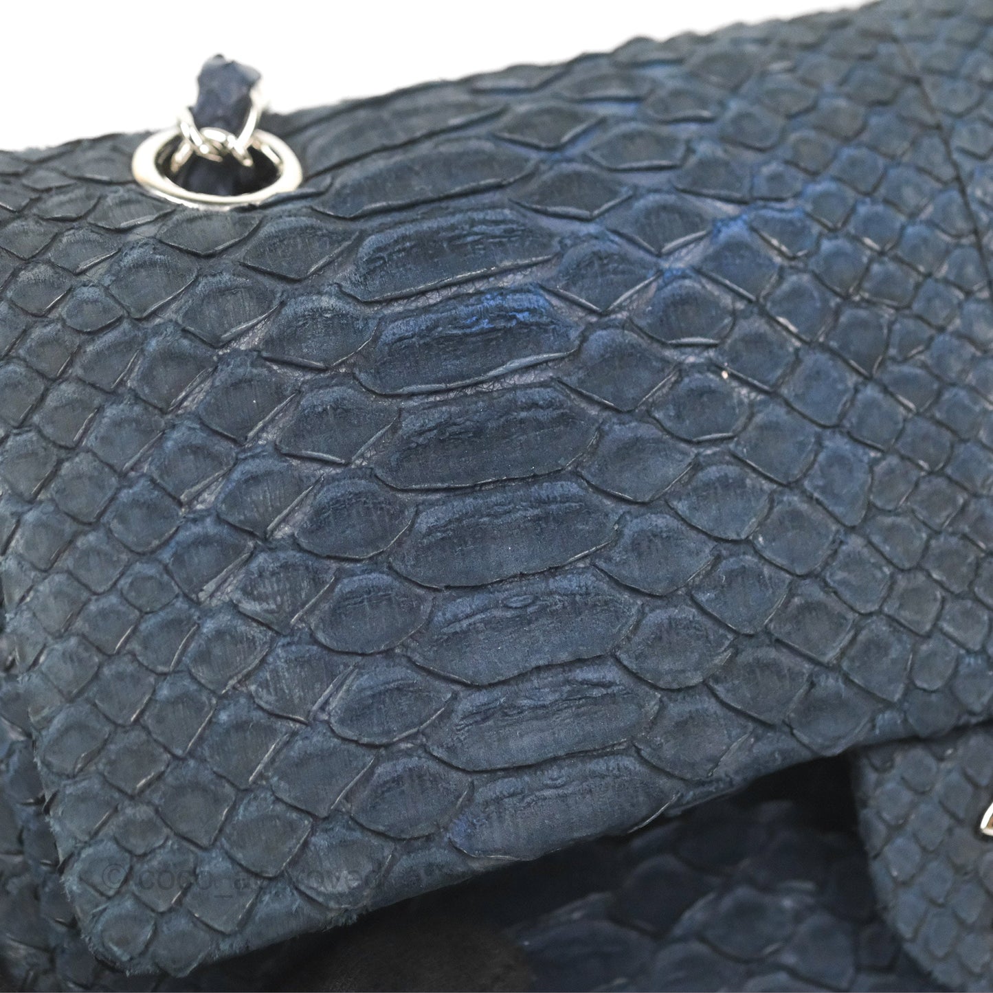 Chanel Classic M/L Medium Flap Navy Python Silver Hardware