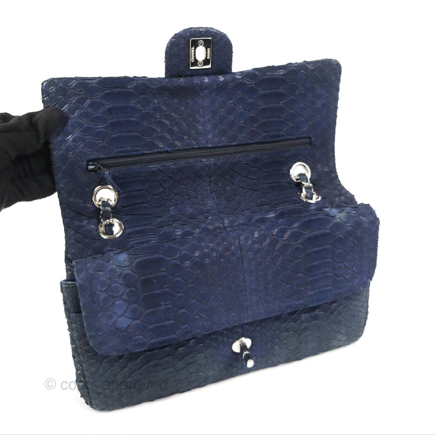 Chanel Classic M/L Medium Flap Navy Python Silver Hardware