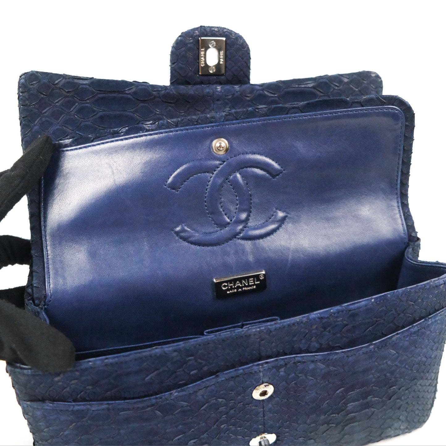 Chanel Classic M/L Medium Flap Navy Python Silver Hardware