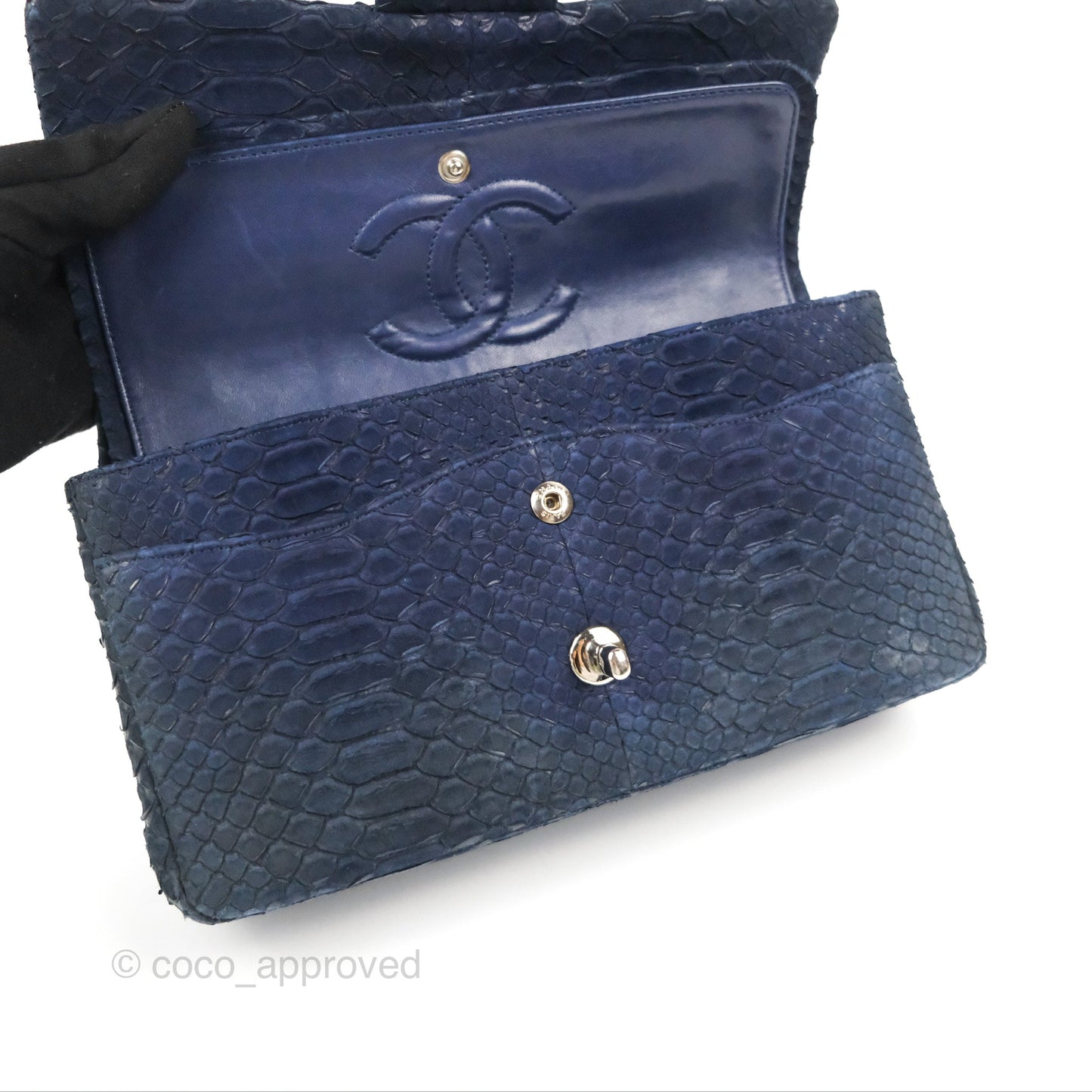 Chanel Classic M/L Medium Flap Navy Python Silver Hardware