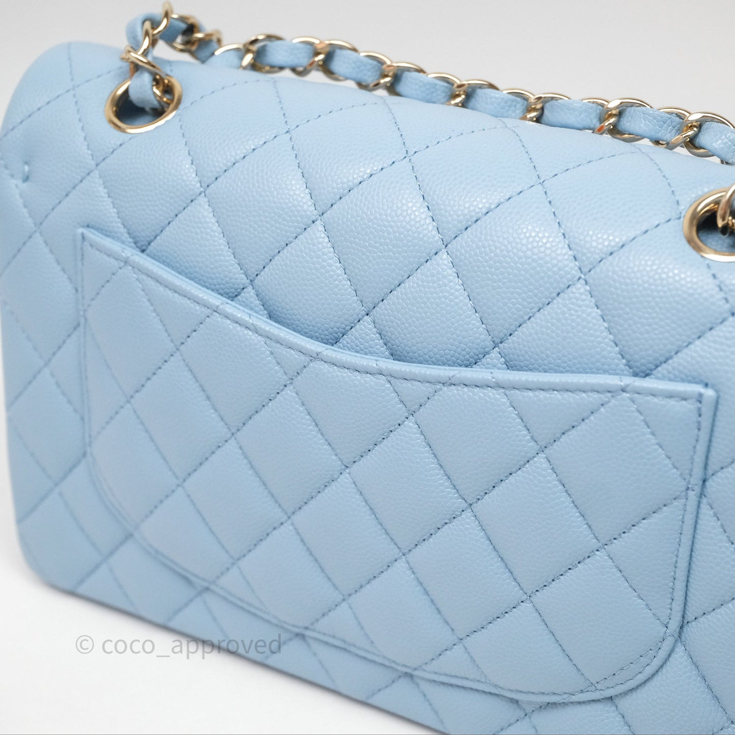 Chanel Small Classic Flap Quilted Blue Caviar Light Gold Hardware