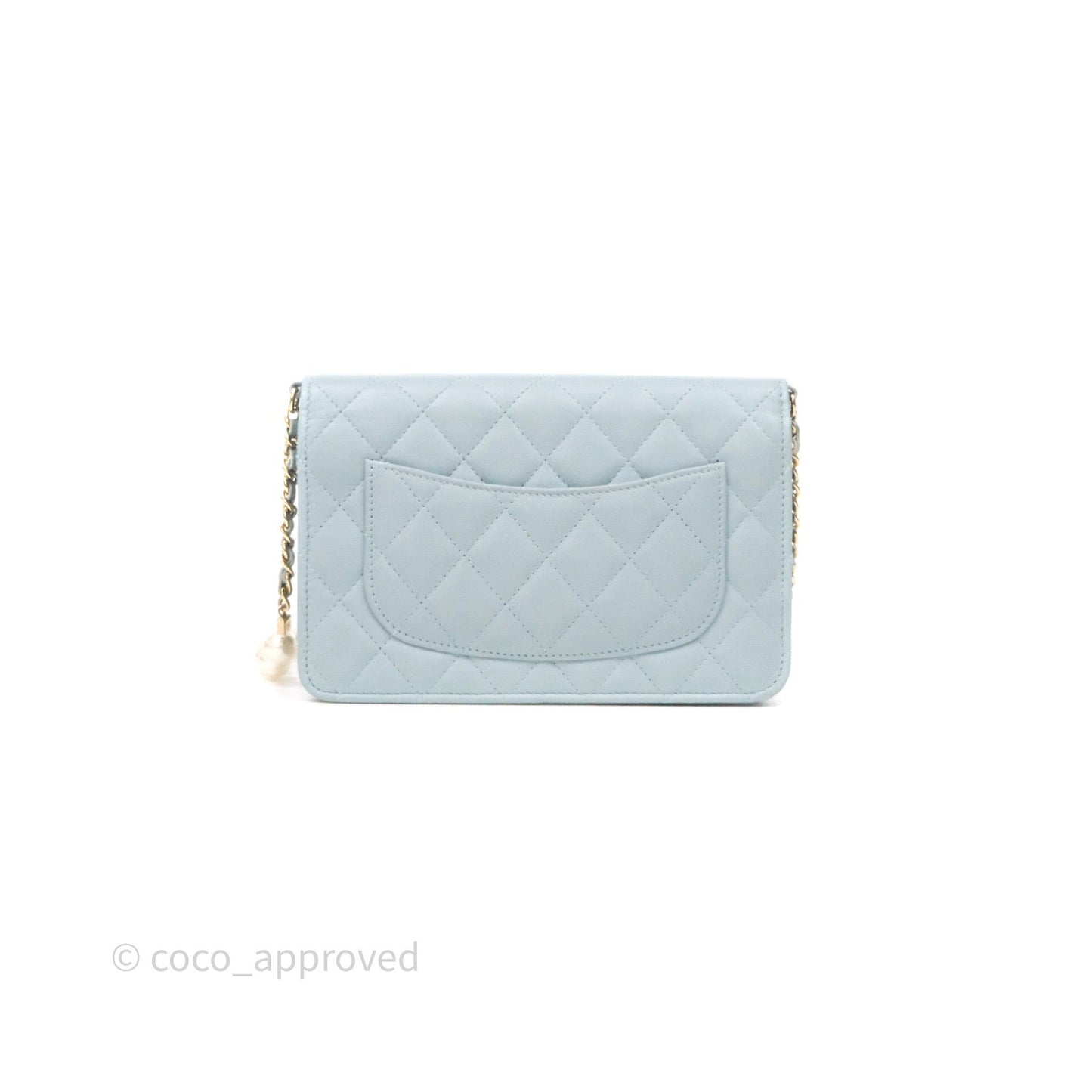 Chanel Pearl Chain WOC Wallet On Chain Light Blue Lambskin Gold Hardware