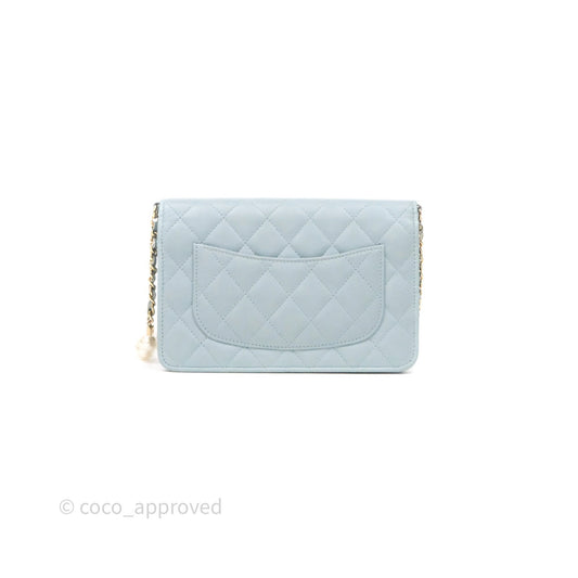 Chanel Pearl Chain WOC Wallet On Chain Light Blue Lambskin Gold Hardware