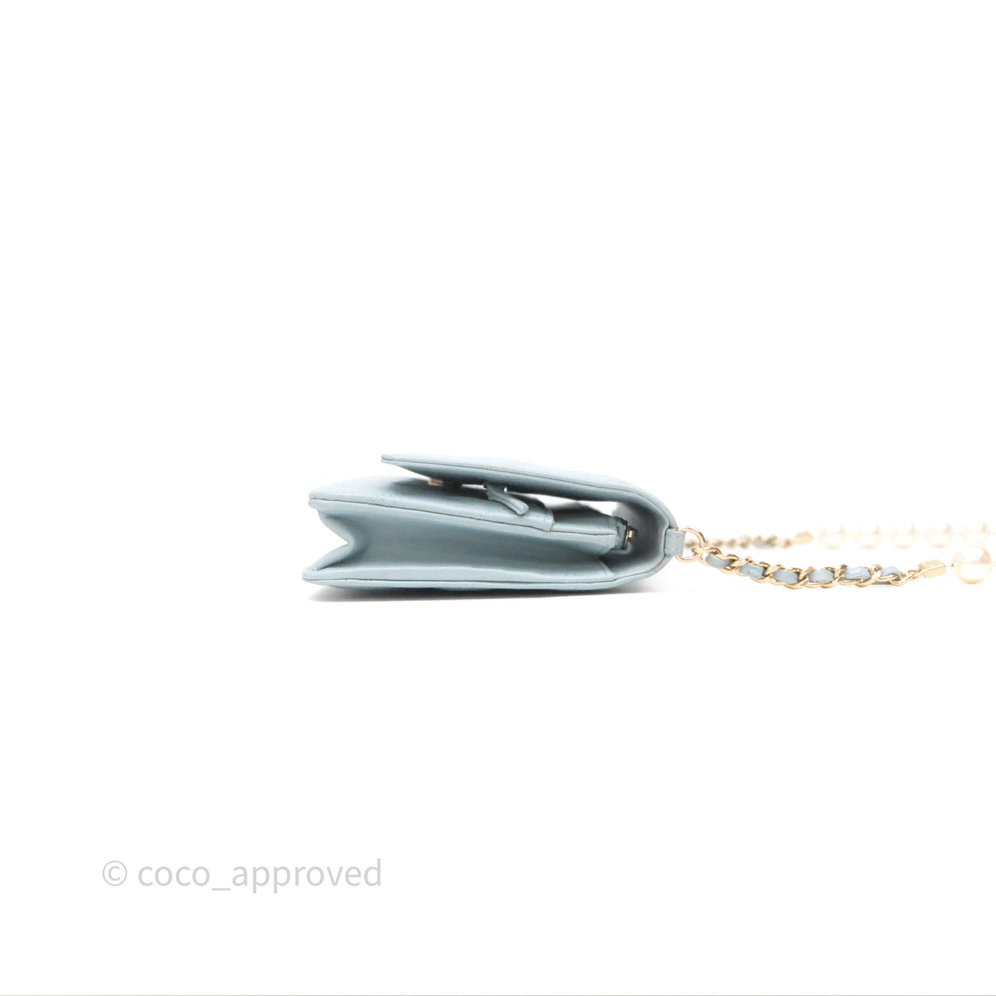 Chanel Pearl Chain WOC Wallet On Chain Light Blue Lambskin Gold Hardware