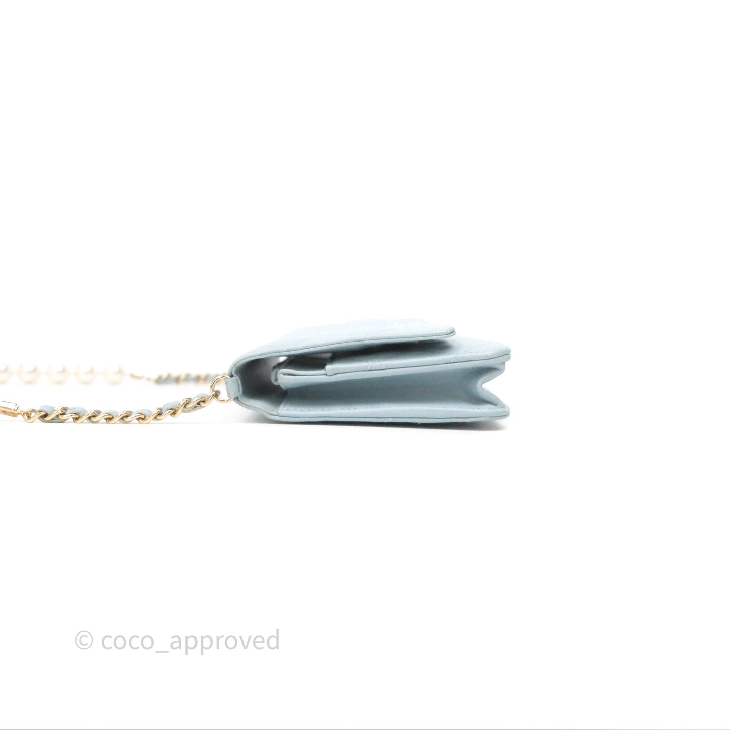 Chanel Pearl Chain WOC Wallet On Chain Light Blue Lambskin Gold Hardware