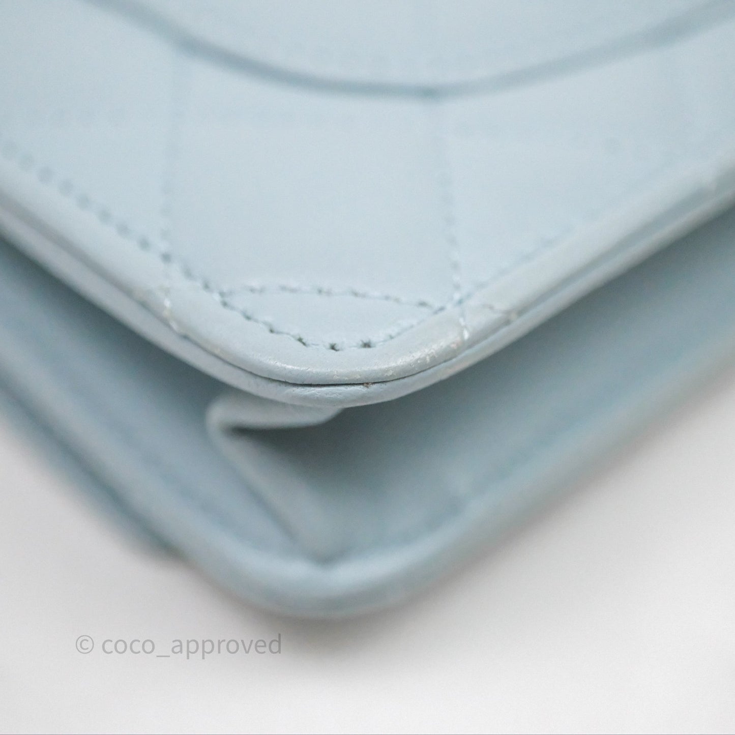 Chanel Pearl Chain WOC Wallet On Chain Light Blue Lambskin Gold Hardware