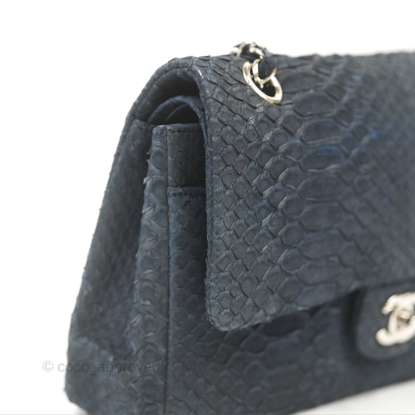 Chanel Classic M/L Medium Flap Navy Python Silver Hardware