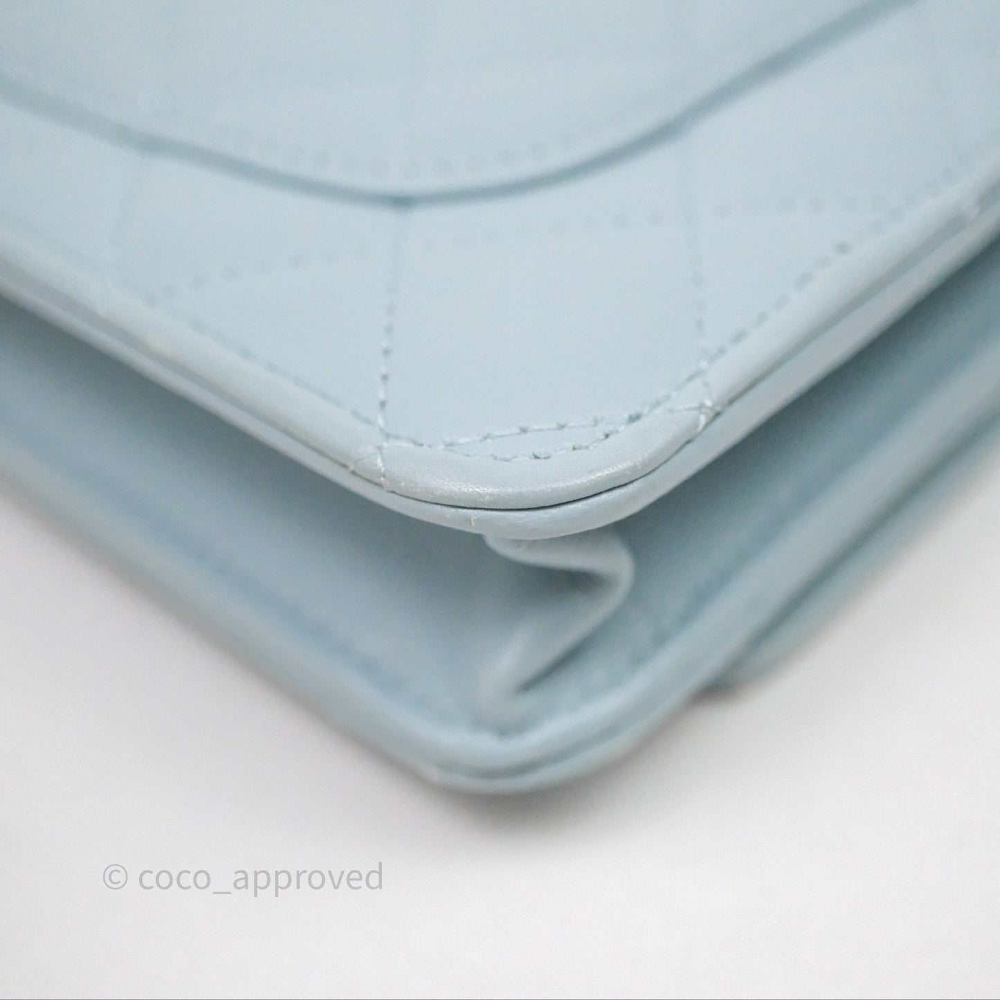 Chanel Pearl Chain WOC Wallet On Chain Light Blue Lambskin Gold Hardware