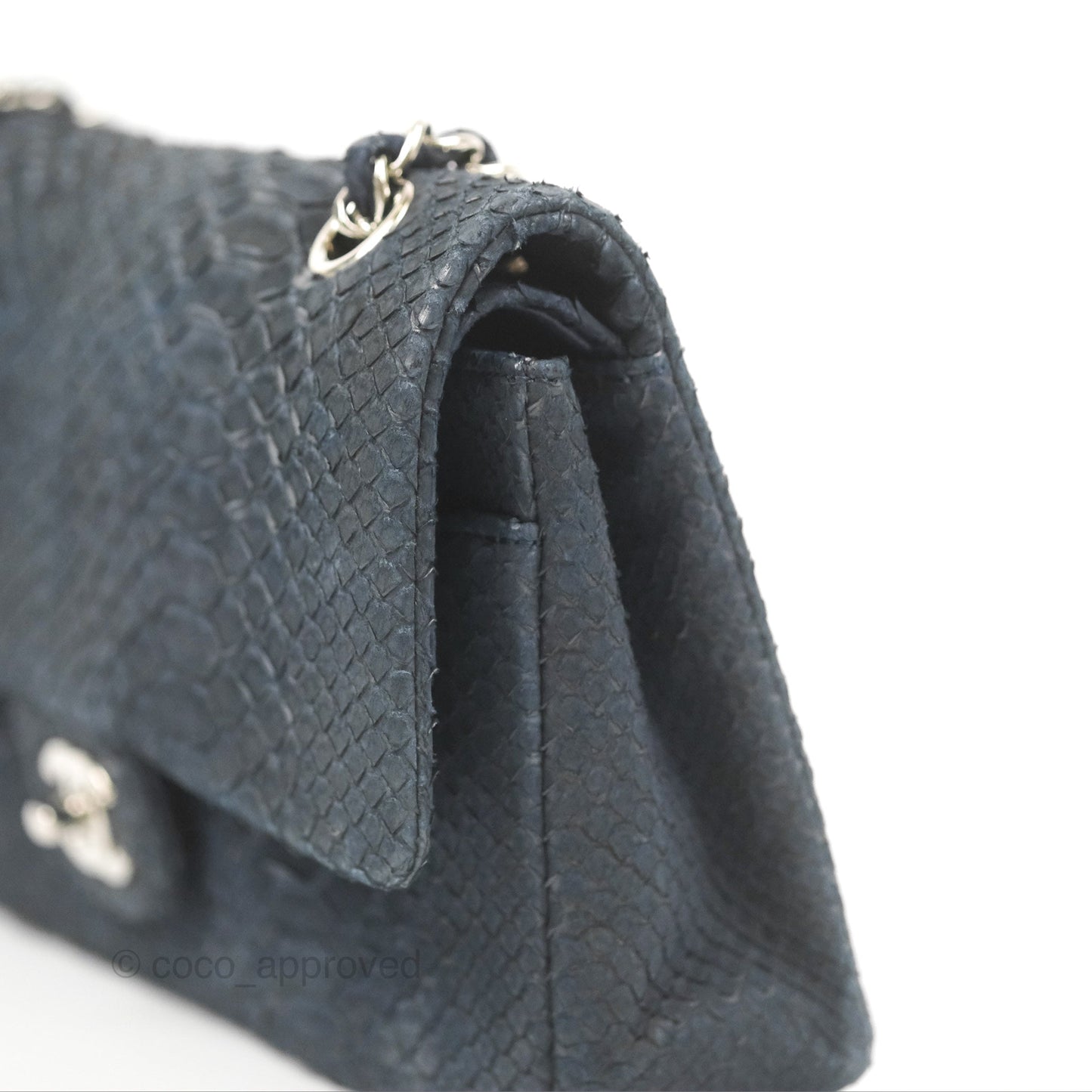 Chanel Classic M/L Medium Flap Navy Python Silver Hardware