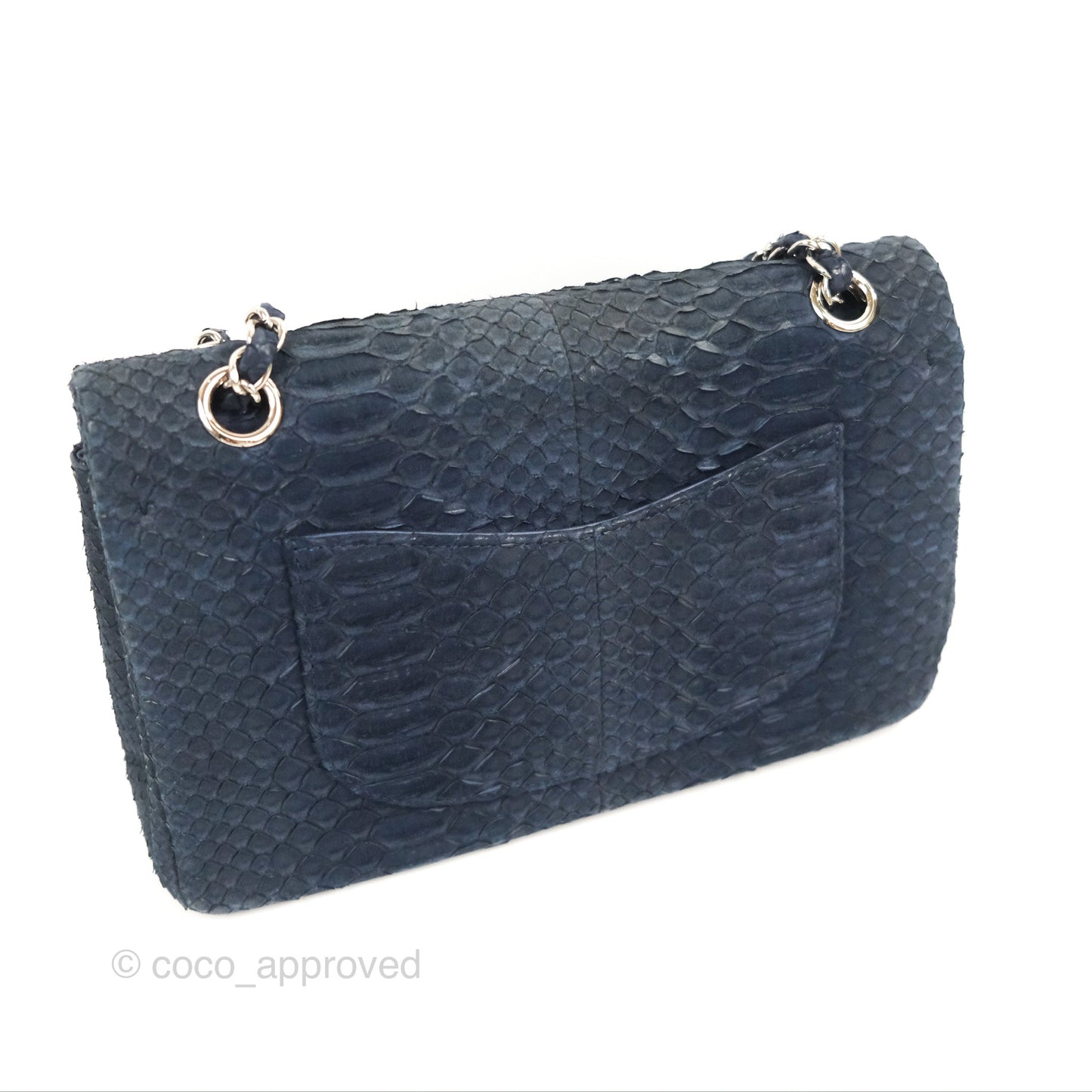 Chanel Classic M/L Medium Flap Navy Python Silver Hardware