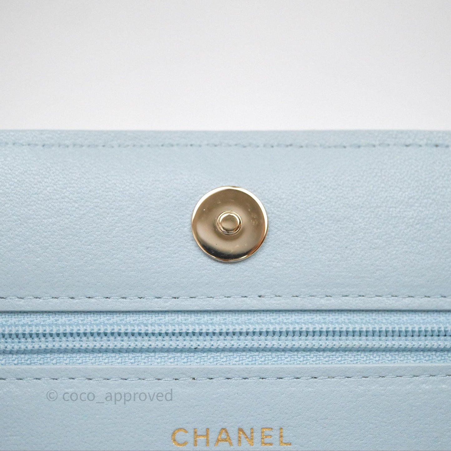 Chanel Pearl Chain WOC Wallet On Chain Light Blue Lambskin Gold Hardware