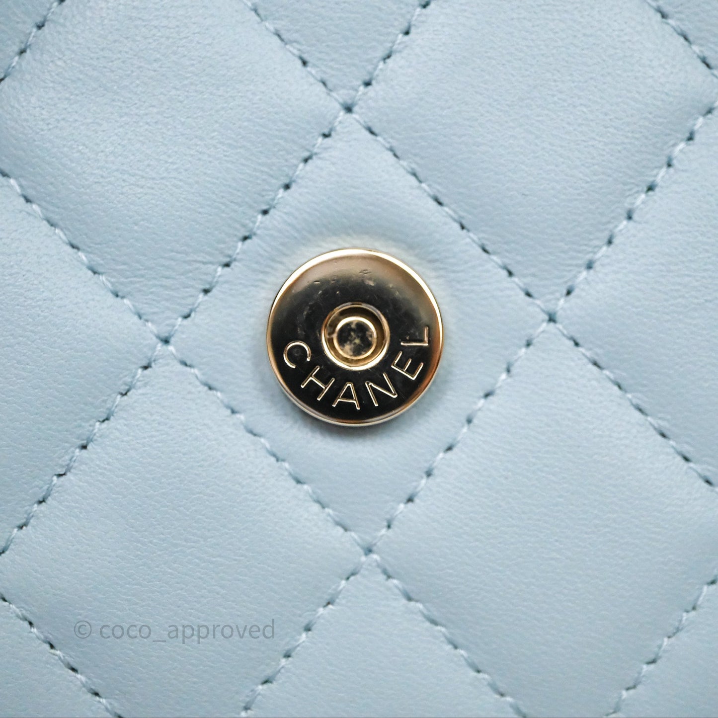 Chanel Pearl Chain WOC Wallet On Chain Light Blue Lambskin Gold Hardware