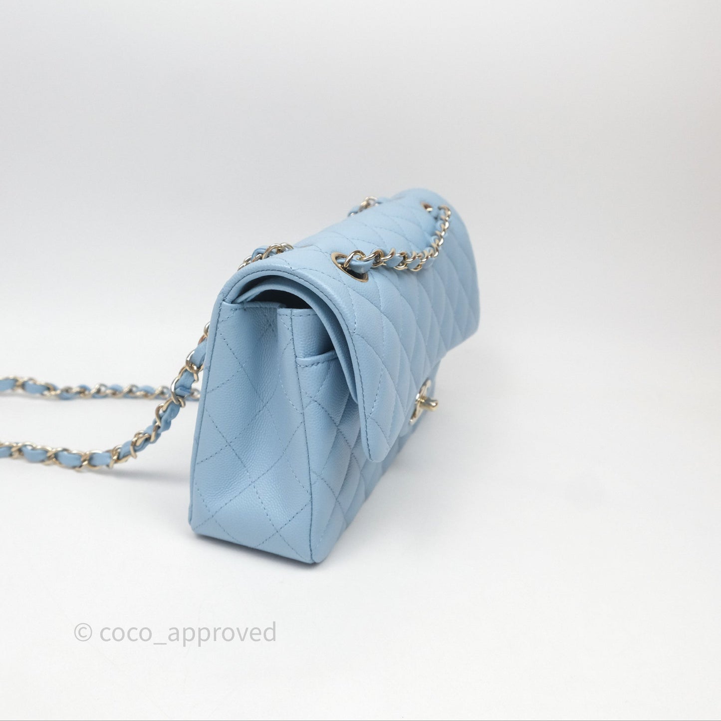 Chanel Small Classic Flap Quilted Blue Caviar Light Gold Hardware