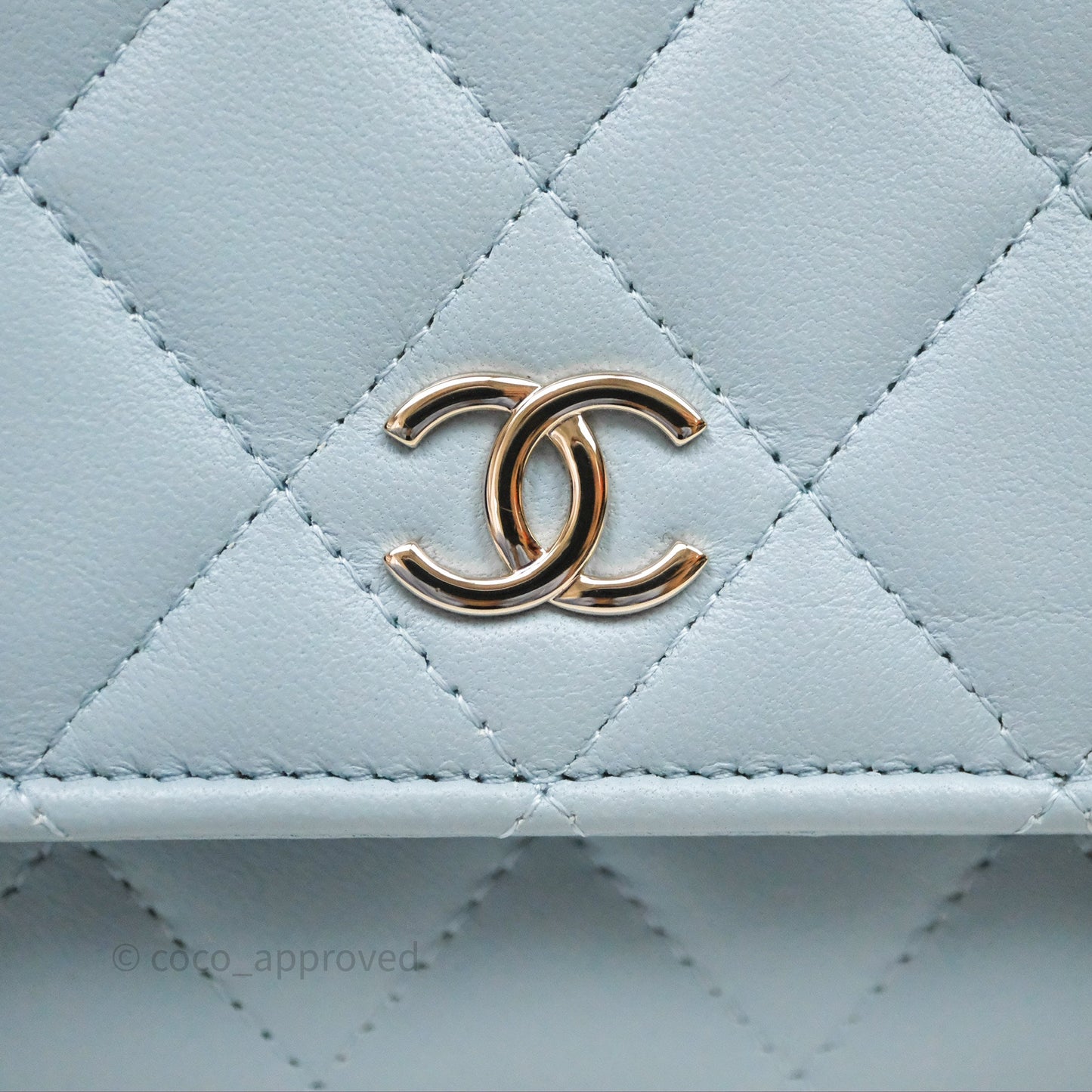 Chanel Pearl Chain WOC Wallet On Chain Light Blue Lambskin Gold Hardware