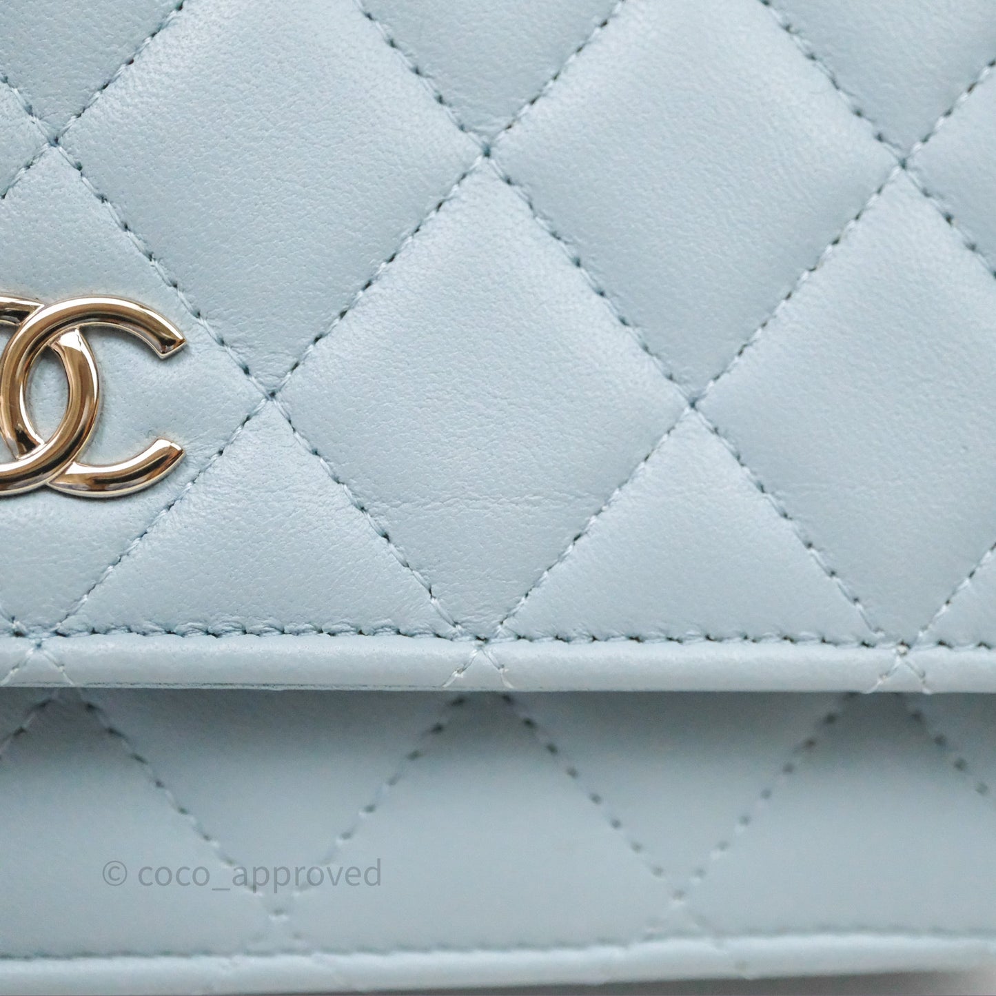 Chanel Pearl Chain WOC Wallet On Chain Light Blue Lambskin Gold Hardware