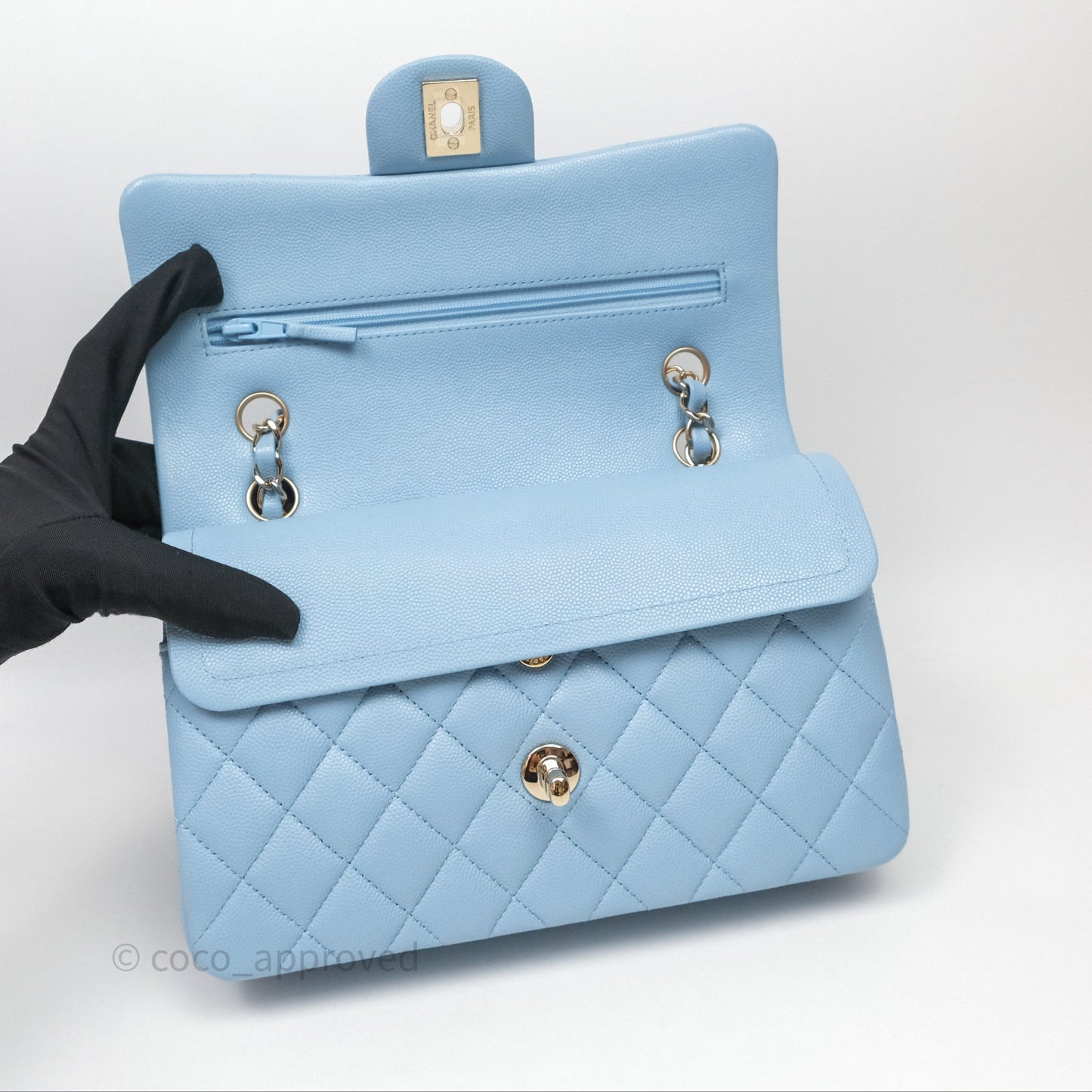 Chanel Small Classic Flap Quilted Blue Caviar Light Gold Hardware