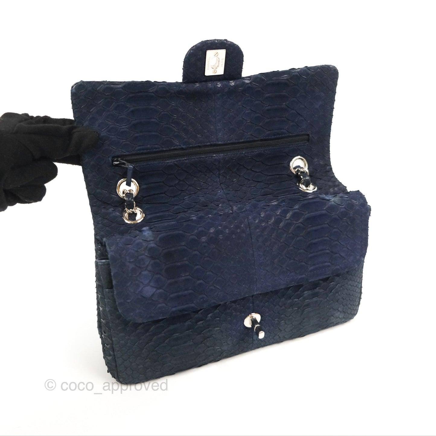 Chanel Classic M/L Medium Flap Navy Python Silver Hardware