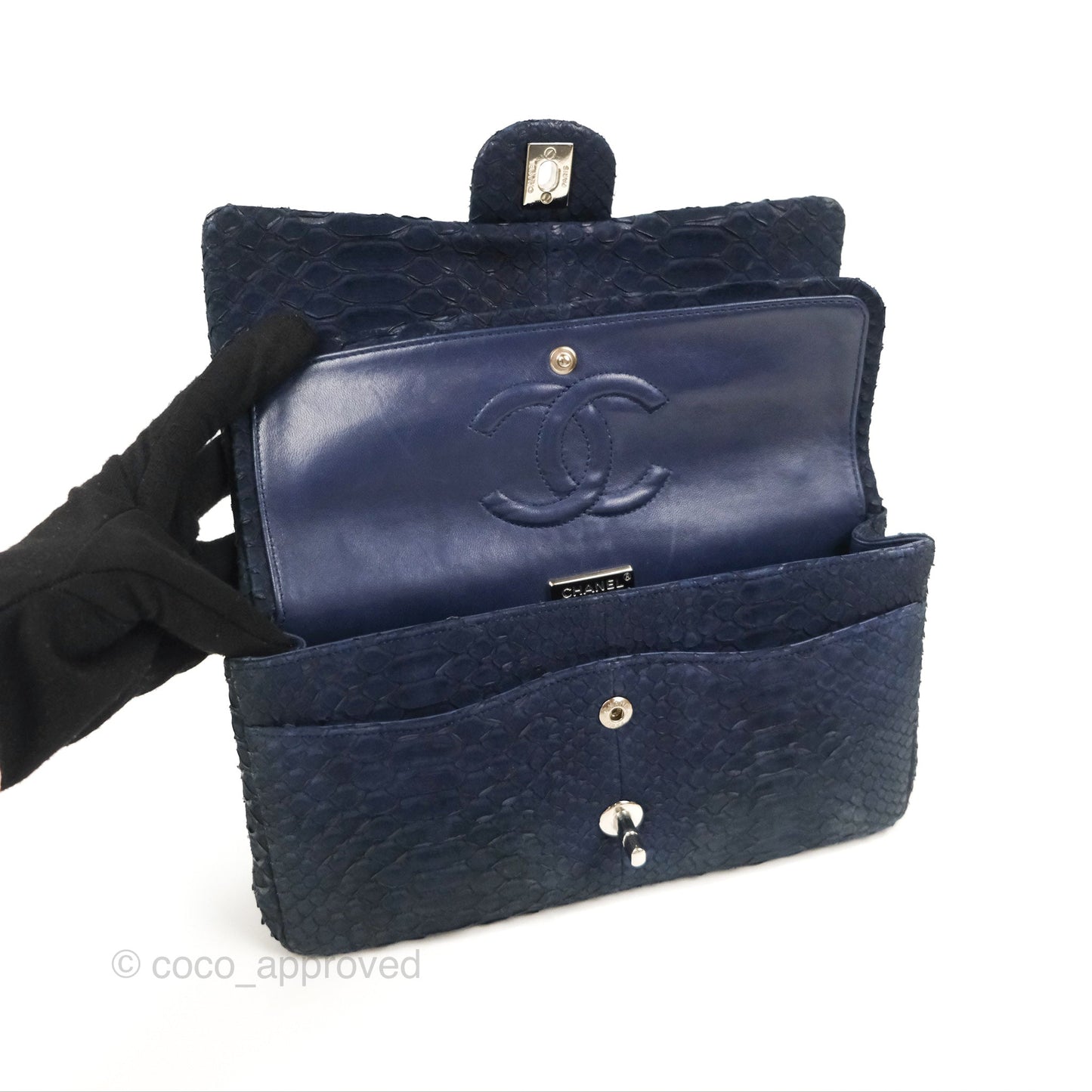 Chanel Classic M/L Medium Flap Navy Python Silver Hardware
