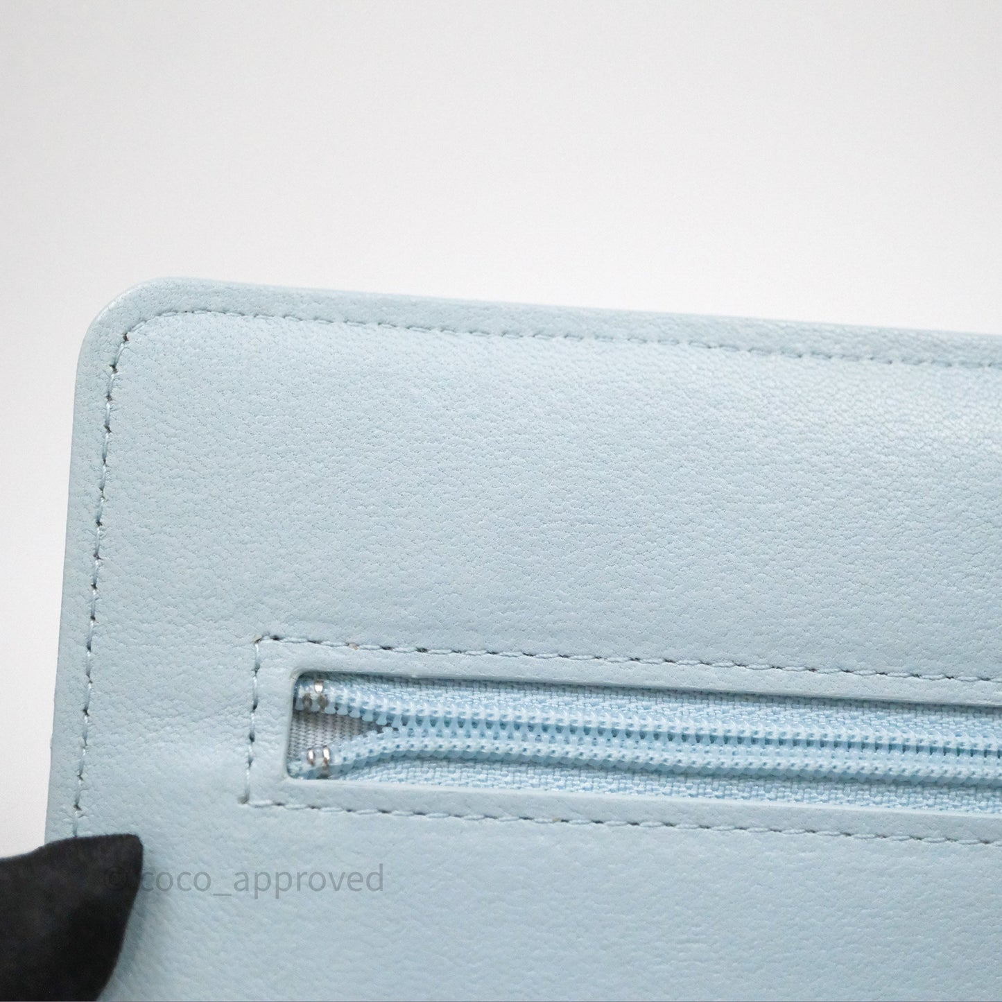 Chanel Pearl Chain WOC Wallet On Chain Light Blue Lambskin Gold Hardware