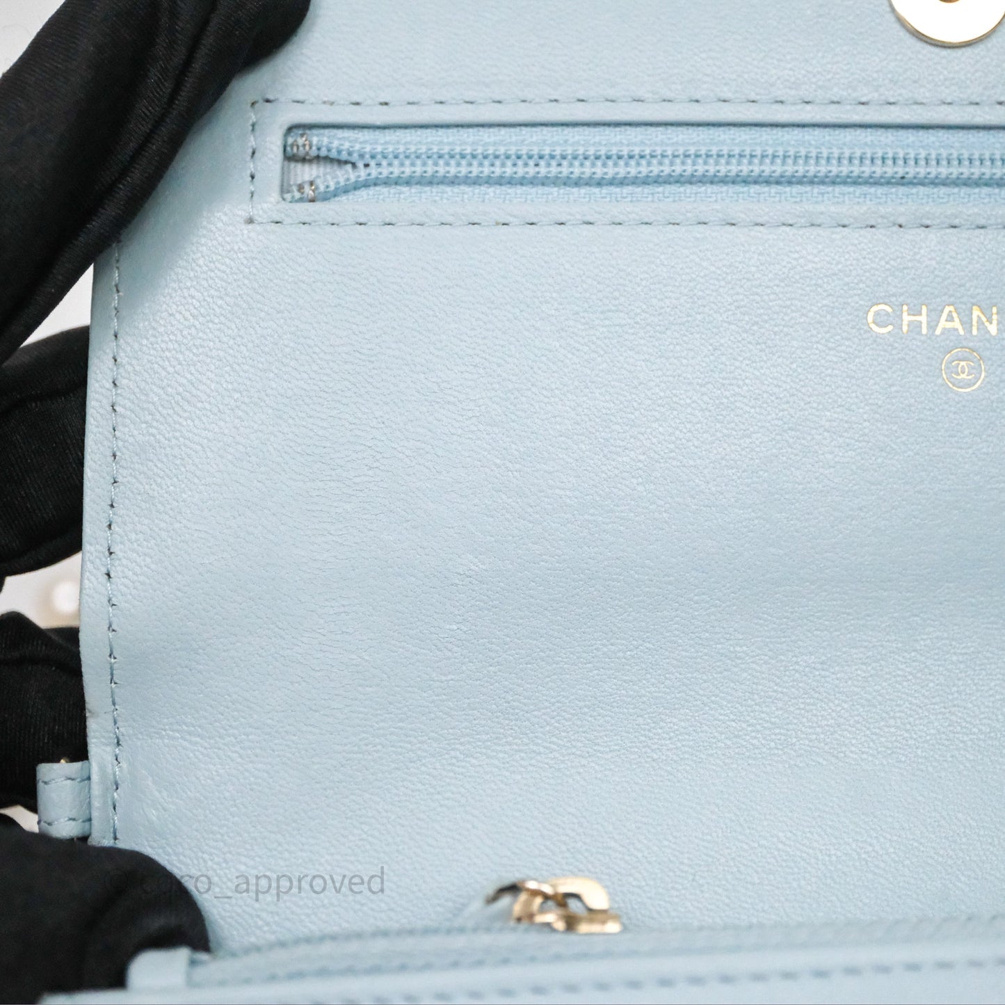 Chanel Pearl Chain WOC Wallet On Chain Light Blue Lambskin Gold Hardware